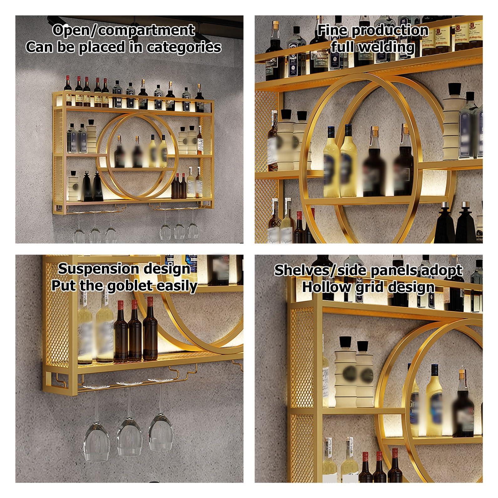 Amazon｜LED照明付き酒ボトル棚、バー棚壁掛け、金属製ワインボトル