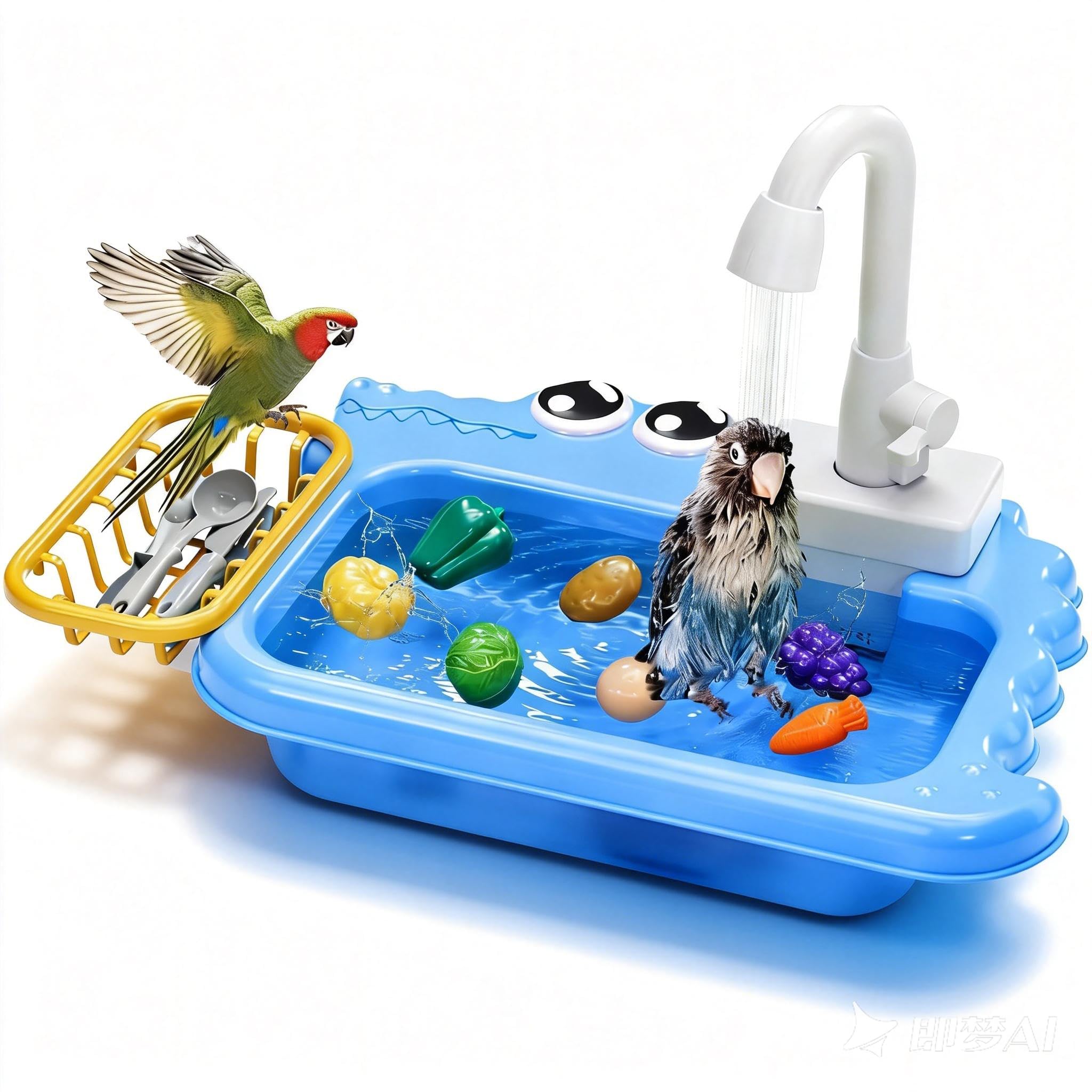 Baignoire pour oiseaux en libre-service avec robinet et eau circulante, convient comme jouet à boire et à baigner pour oiseaux de petite et moyenne taille, idéal pour perruches, conures et