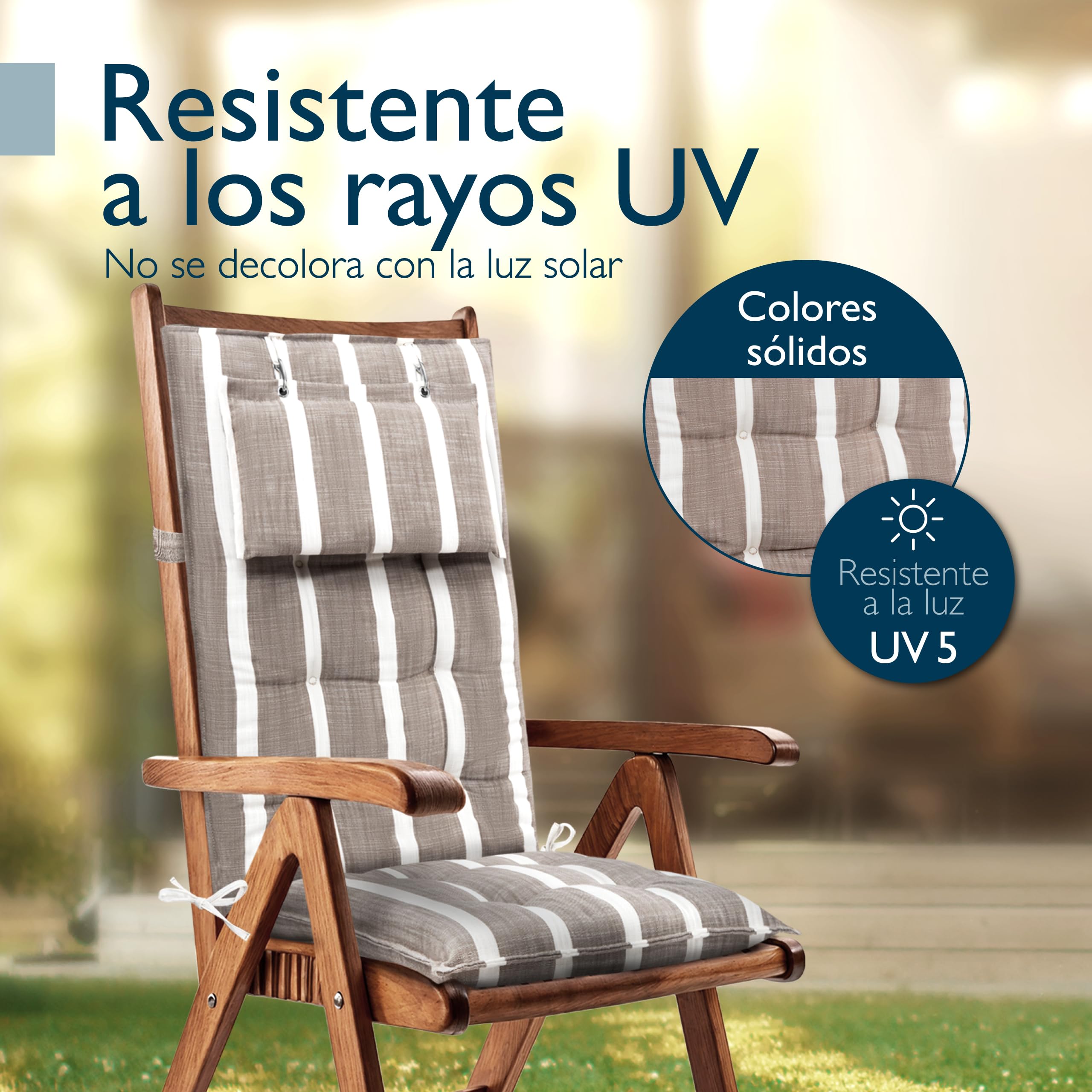 Beautissu Set 2 Premium Cojin Silla Jardín con Respaldo Alto y Almohadilla 120x50cm Sun-HL – Resistencia UV 8cm Grosor Acolchado Cojín Exterior con Respaldo Antideslizante – Rayas Beige Blanco