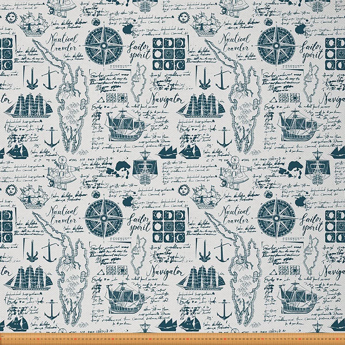 Nautical Upholstery Fabric for Chairs,Compass Sailboat Map Fabric by The Yard,Vintage Marine Sea Adventure Fabric for Upholstery and DIY Projects,2 Yards,(L184*W150cm) Teal White — image 1