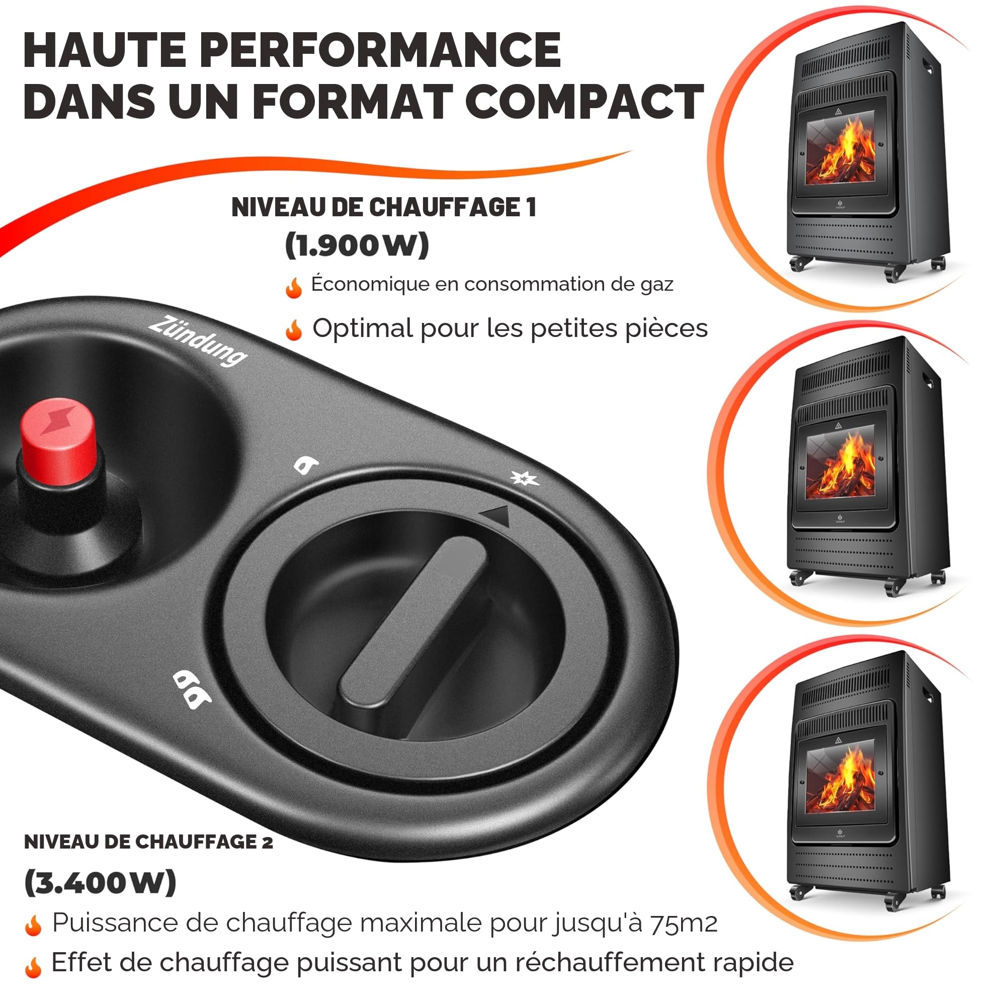 KESSER® Chauffage à gaz Poêle à gaz Radiateur infrarouge 3,4 k W Foyer au gaz 2 niveaux de chauffage infrarouge 3 400 W Chauffage radiant au gaz Bouteilles de butane ou de propane jusqu'à 11kg, noir