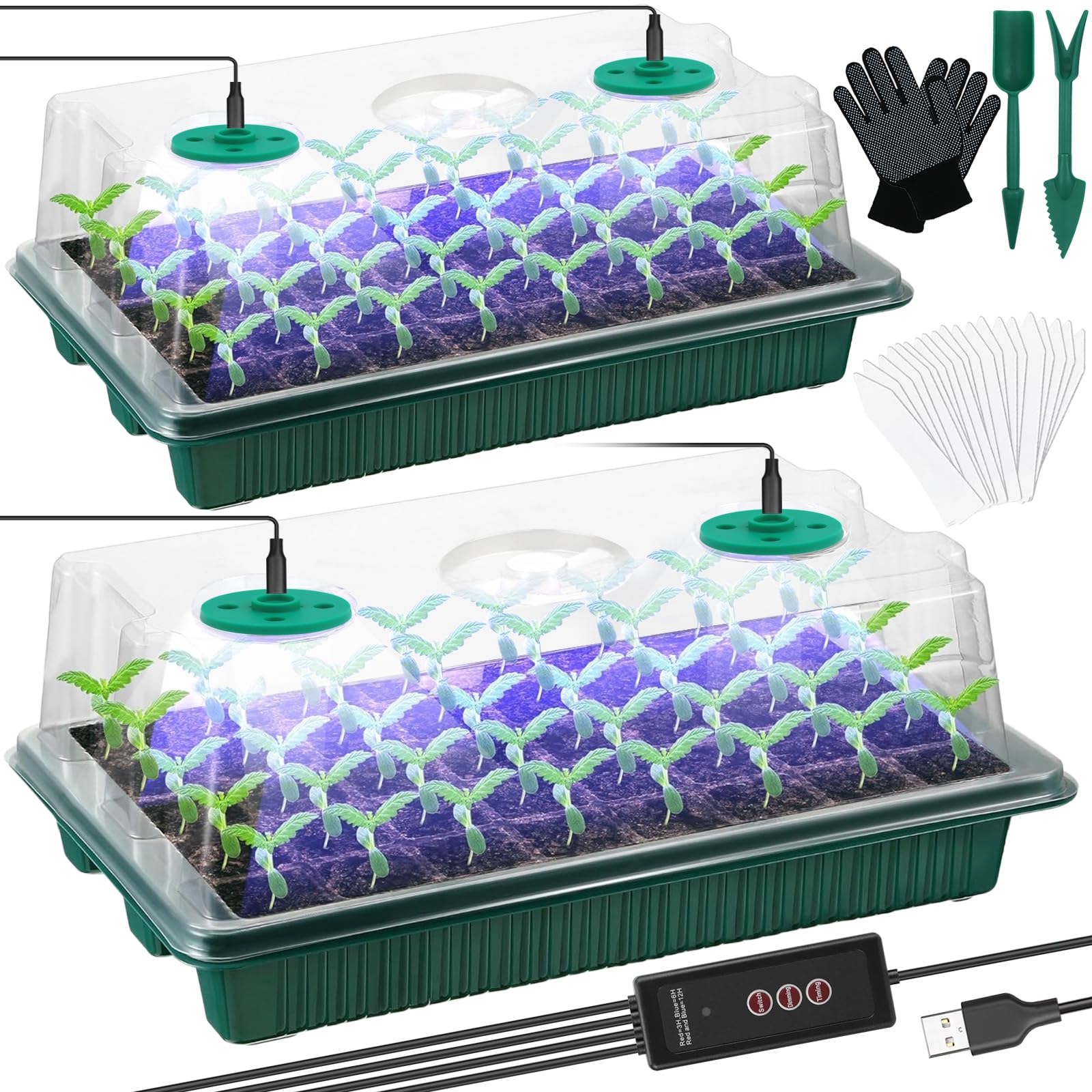 Upgrade Seed Starter Tray With Grow Light 2 Pack 80 Cells Seedling Tray Kit with Adjustable Humidity Dome Plant Starter Kit Gardening Plant Germination Light Trays for Seeds Growing Starting Green