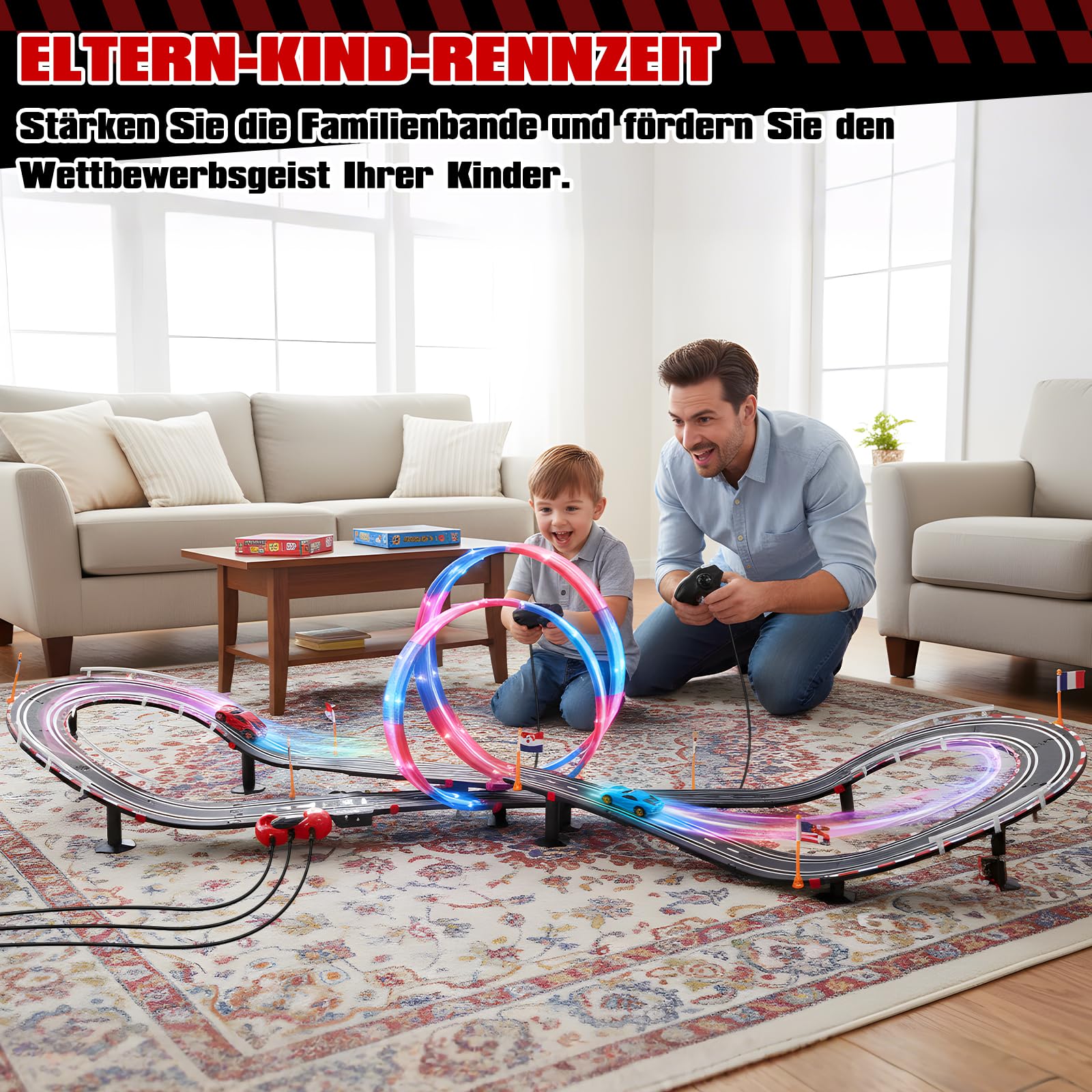 Elektrische Rennbahn Kinder, Autorennbahn Beleuchtete Elektrische Rennstrecke 1:64 Autobahn - 4 LED Auto, Rundenzähler, 360°-Looping, Rennstrecke Auto Spielzeug für Kinder 3 6-12 Jahre (L)