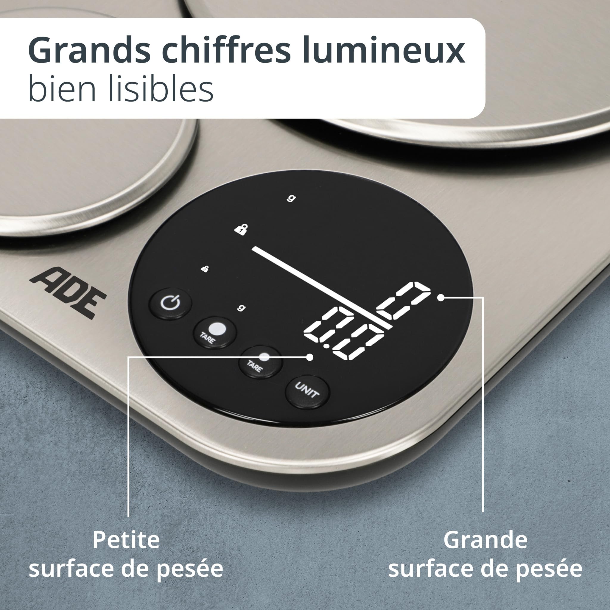 ADE Balance de cuisine electronique avec 2 plateformes 5kg/1g & 500g/0,1g | balance de précision à 0,1g près pour la cuisine | capacité de charge de 5 kg