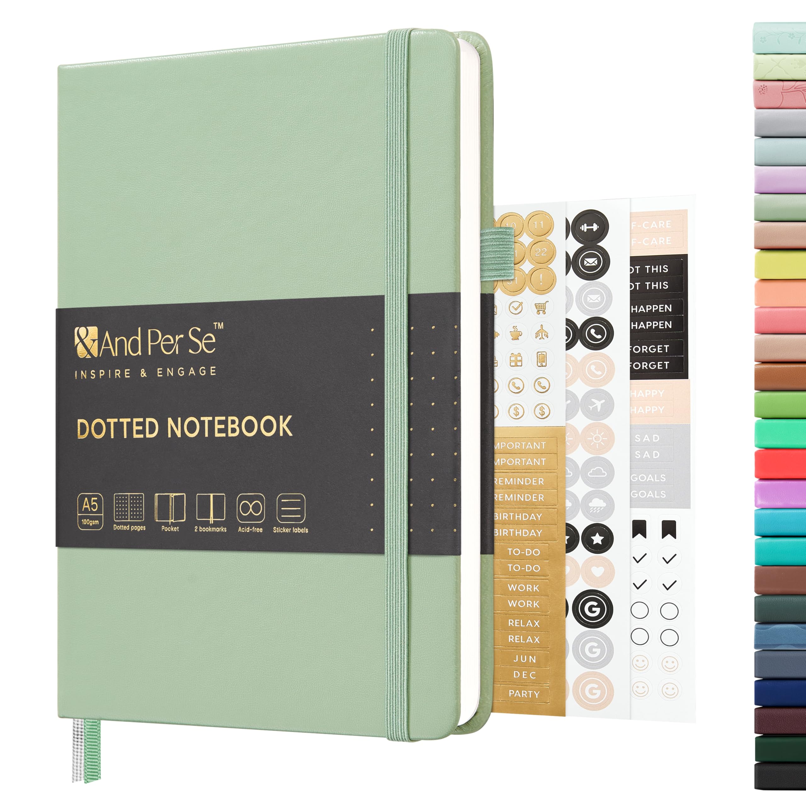 &And Per Se Dotted Journal Notebook, A5 Hardcover Leather Dotted Journal, 160 Pages 100gsm Thick Dot Grid Paper, 3 Sheets of Stickers Included - 5.7''