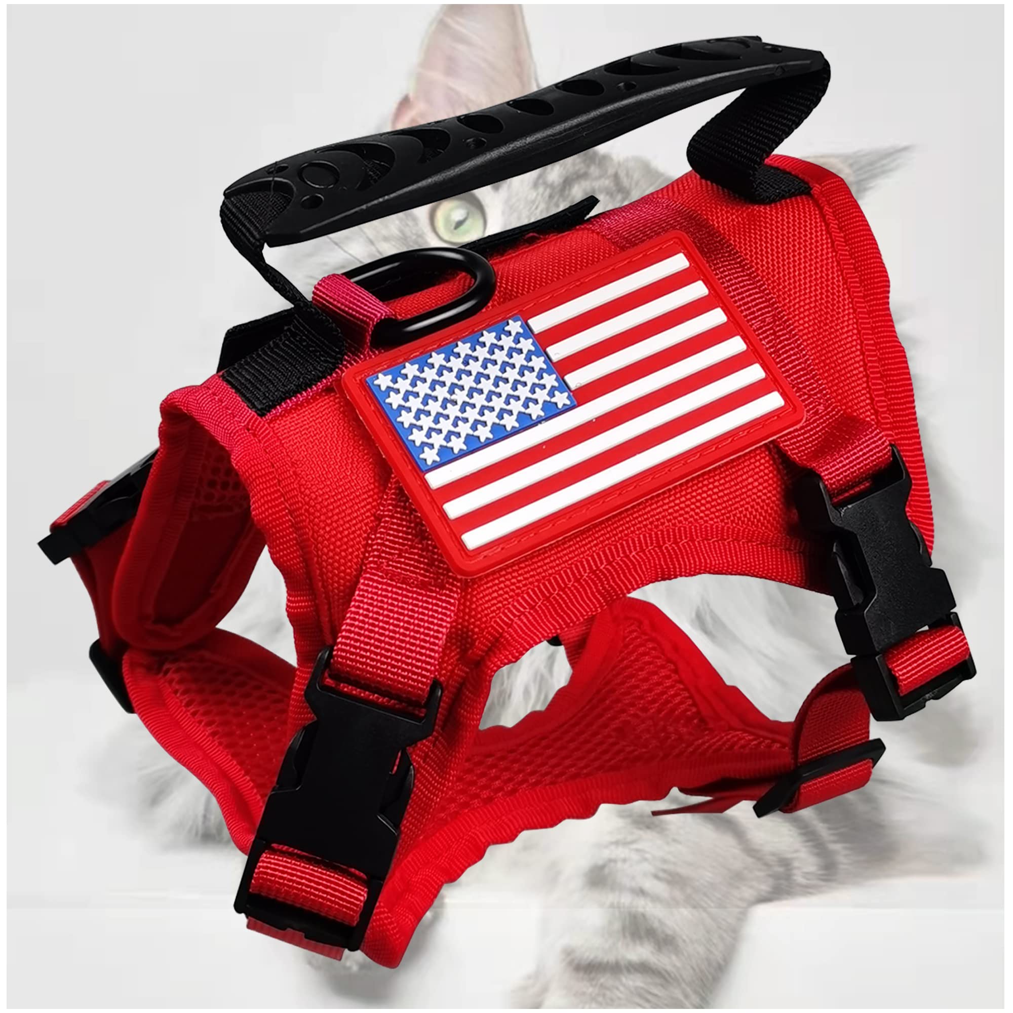 Tactical Cat Harness for Walking Escape Proof, Adjustable Military K9 Pet Vest Harness with Handle Easy Control for Large Cat, Puppy and Small Dog (Red)