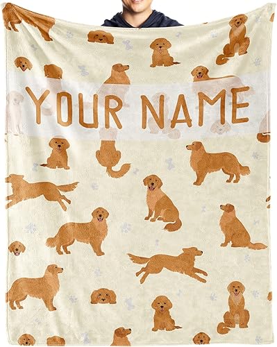 Manta personalizada de Golden Retriever con nombre de texto, 30 x 40 pulgadas, manta de forro polar de franela con patrón de perro, suave, ligera,