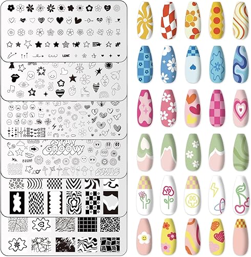 Whaline Juego de 6 placas de uñas preppy, diseño de corazón, flor, mariposa, estrella, sonriente, placas de arte de uñas para bricolaje, diseño de