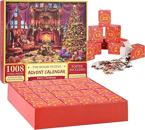 Calendario de Adviento 2024 rompecabezas de Navidad, rompecabezas de 1008 piezas, 24 cajas para adultos y niños, decoración del hogar, rompecabezas