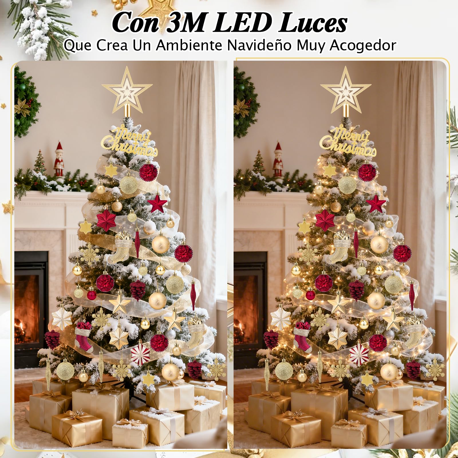 JONRRYIN Juego de 70 Bolas de Navidad de plástico, con luz LED, Punta de árbol, Estrella, pequeñas Bolas de Navidad, para Interior y Exterior