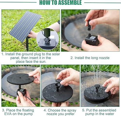 Miniatura 4 de Saillong Kit de bomba de agua solar de 12 W, bomba de fuente de baño de pájaros de energía solar con 6 boquillas, bomba sumergible de 5 W con panel