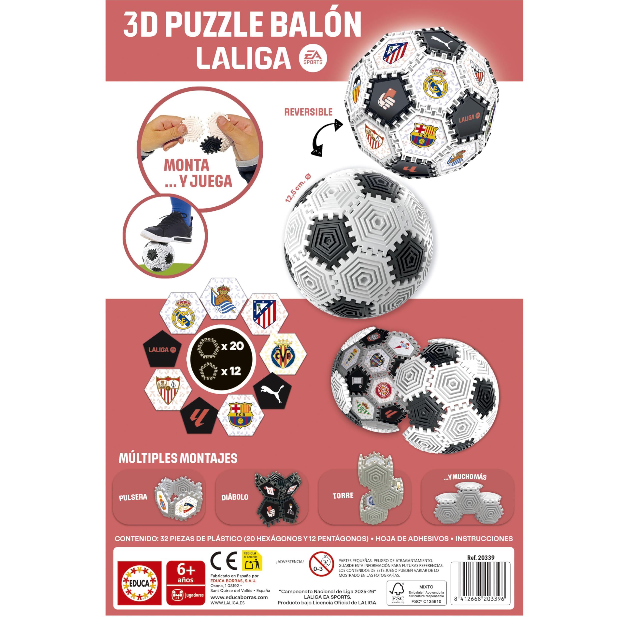 Educa - Puzzle Balón 3D LALIGA 32 Piezas | Juego de Fútbol Creativo para Montar y Jugar | Múltiples Formas y Adhesivos | Balón 14 cm | Juguete Construcción Niños +6 Años (20339)