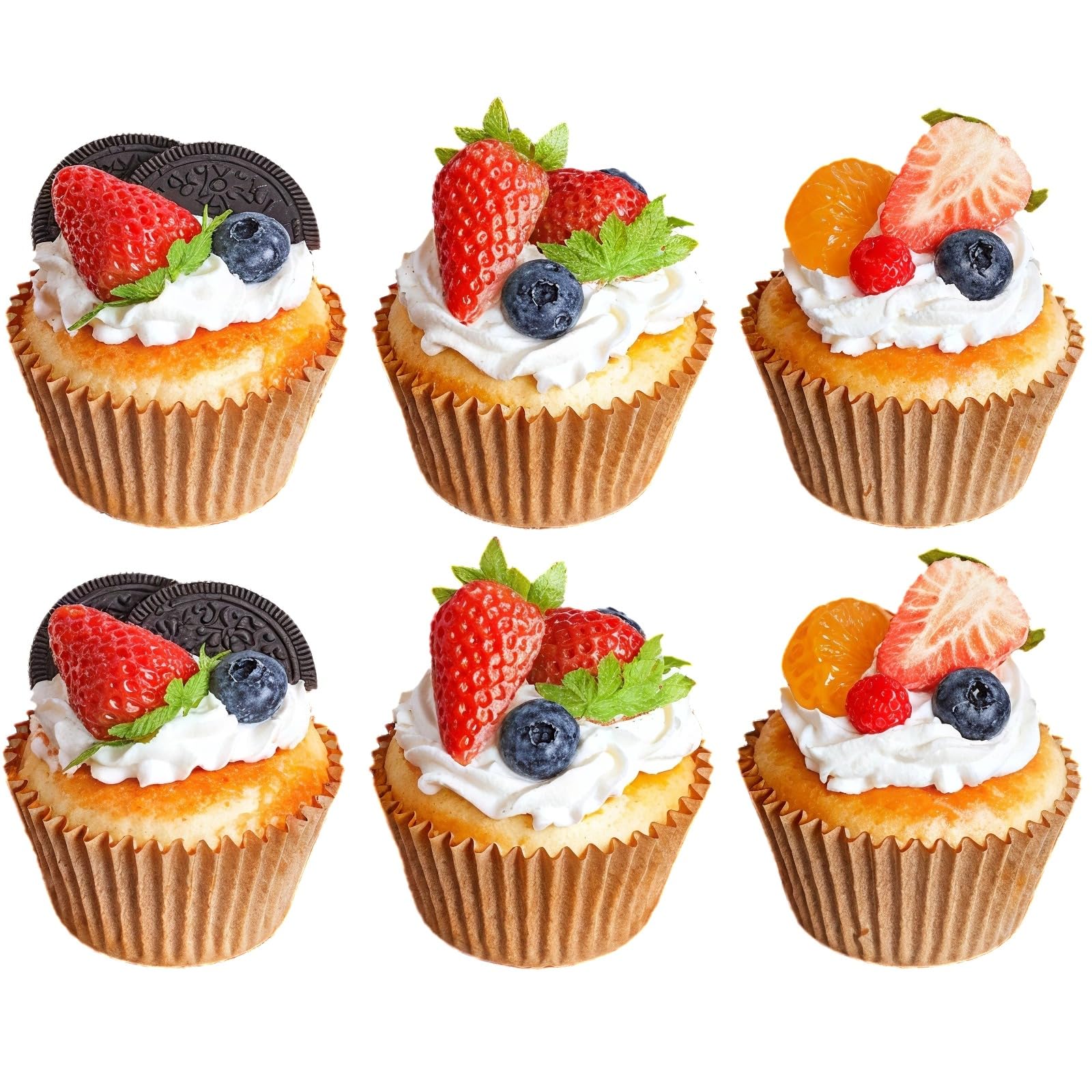 Artificial Cupcake Display Model, Realistic PU Faux Cupcakes, Includes 6 Pieces with Fruit and Cream Decoration, Brown Wrinkled Cupcake Liners, Ideal for Photography, Art, and Home Decoration