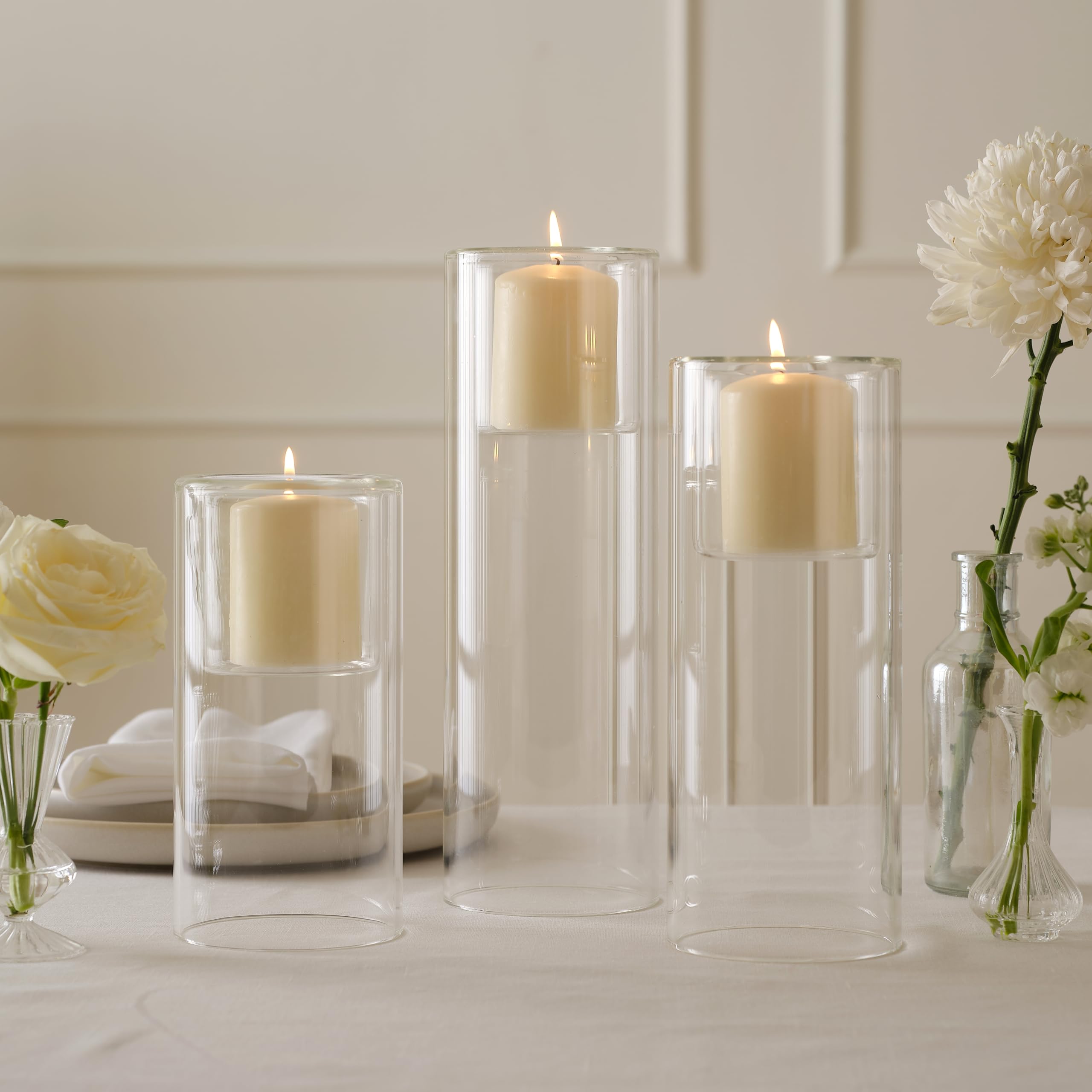 Ginger Ray Ivory Clear Glass Candle Holders, Set Of 3 Tealight Pillar Holders For Wedding Tables