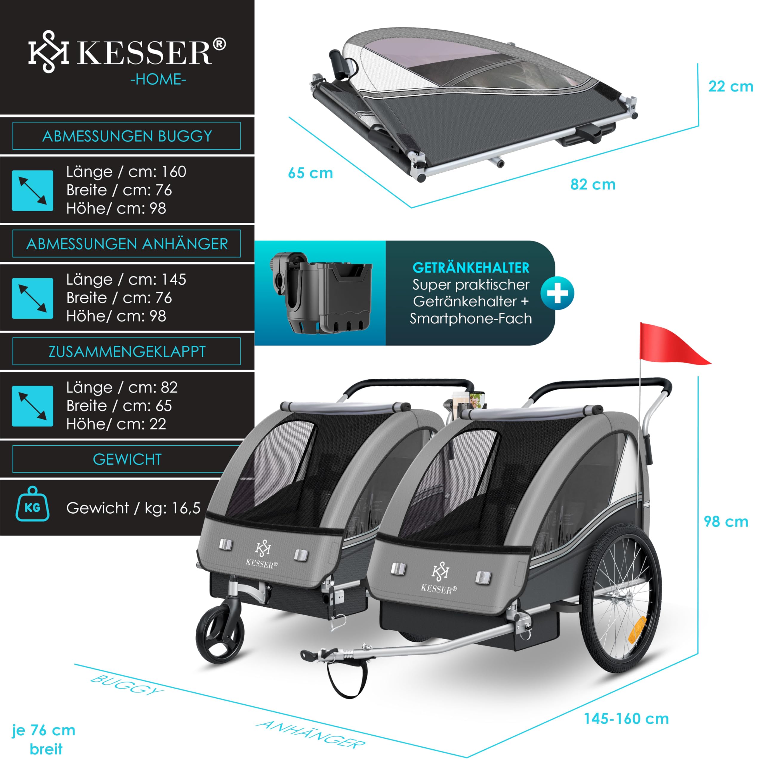 KESSER® Kinderfahrradanhänger Sport-RX 2in1 Jogger & Buggy 5-Punkt-Gurt Sicherheitsgurt 360° Vorderrad Kinderfahrradanhänger Reflektoren für 1-2 Kinder (max. 40 kg) Getränkehalter & Smartphonefach