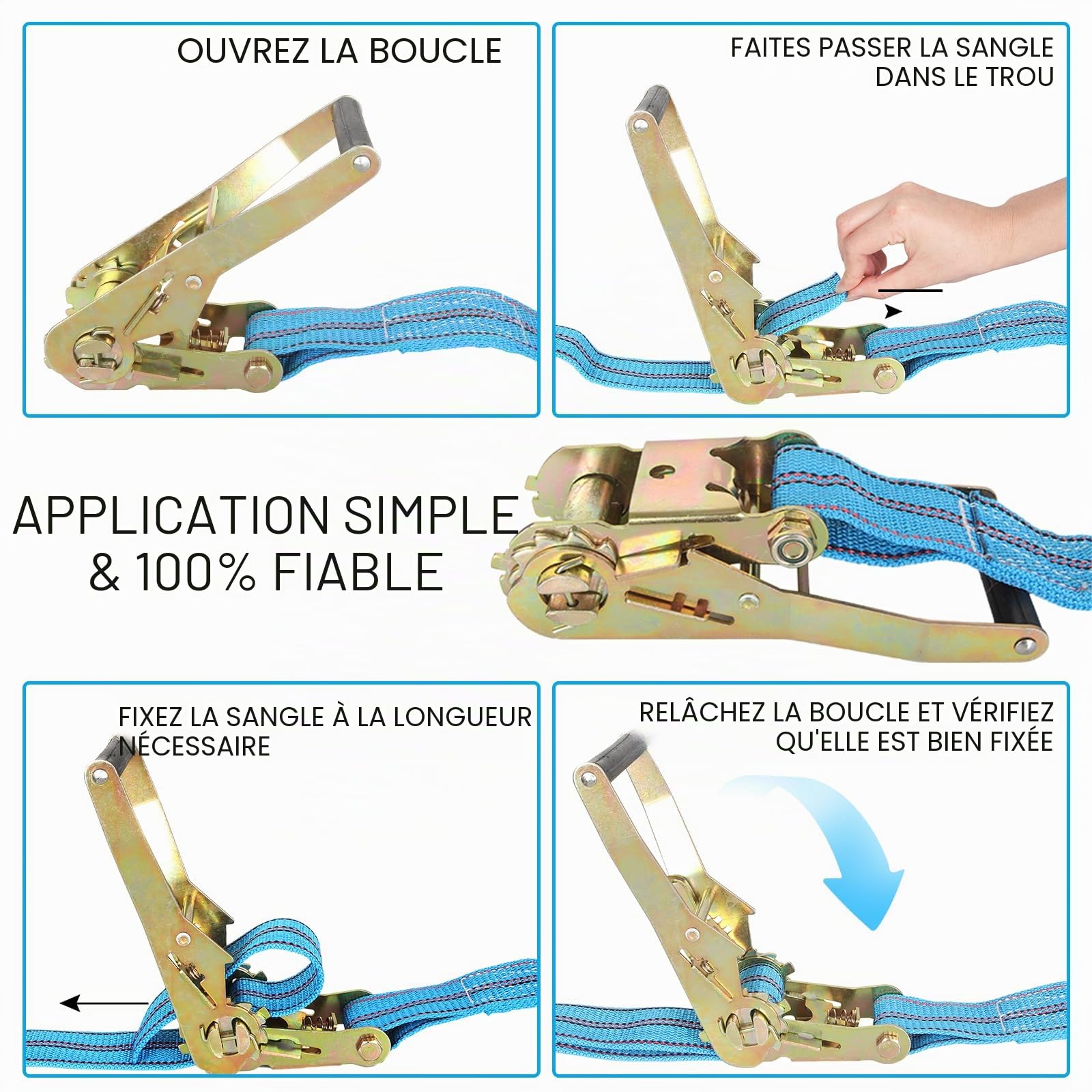 2 sangles à cliquet de 3000 kg, Sangle d'ancrage avec tendeur à cliquet et crochets 10 m, sangle à cliquet 50 mm, sangle de tension à cliquet, Sangle de fixation à cliquet Ratchet