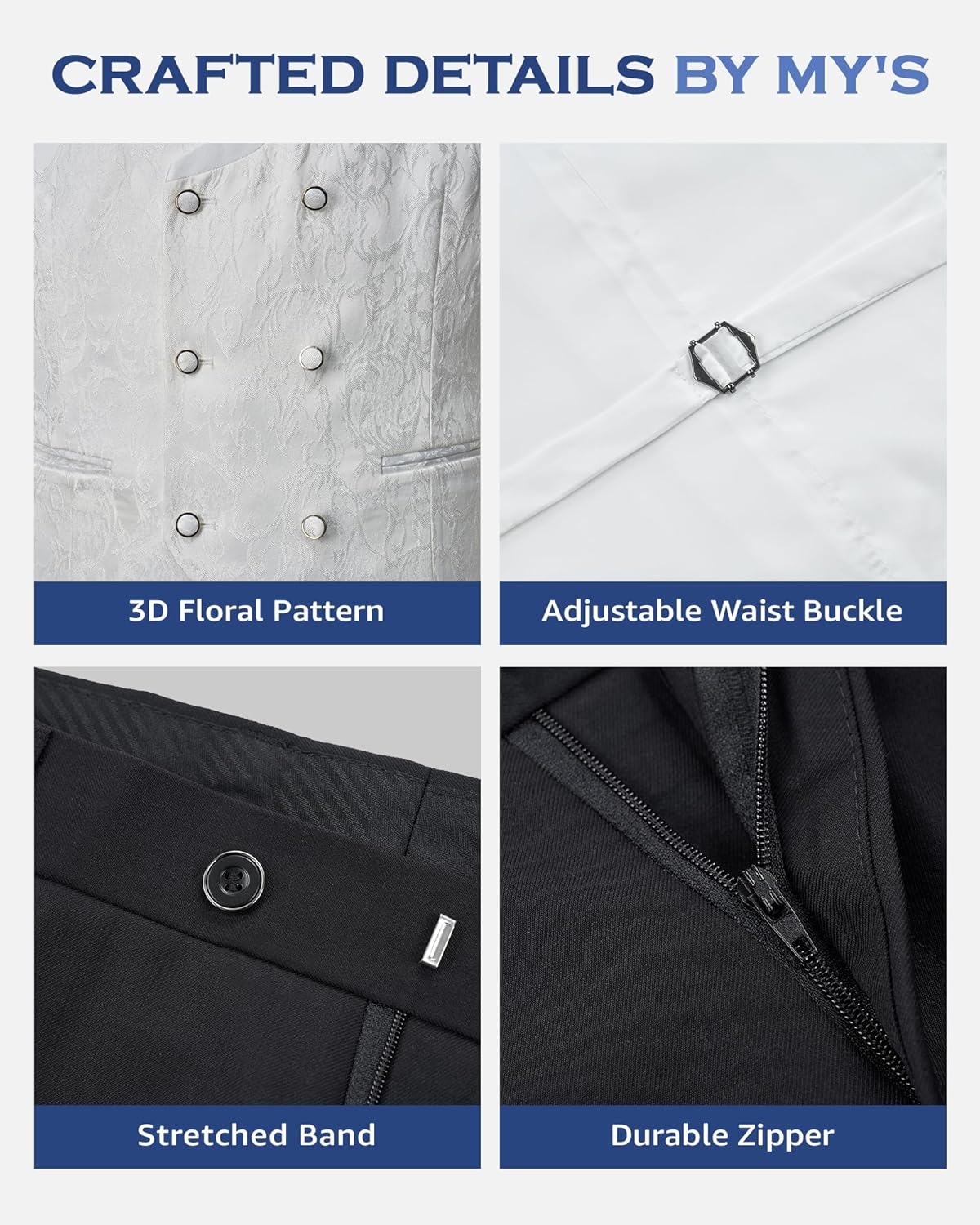 MY'S Men's Floral Suit, 3 Piece Slim Fit Paisley Tuxedo, Jacket Pants Vest with Bow Tie for Wedding Prom Dinner - Image 4