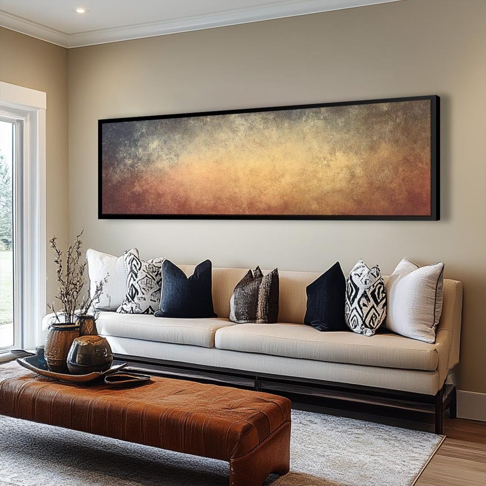 Cuadro mural horizontal largo con motivos naturales, lienzo alto y delgado con marco, pintura horizontal estrecha, ideal para el hogar, la oficina o los pasillos (65 x 195 cm/sin marco).