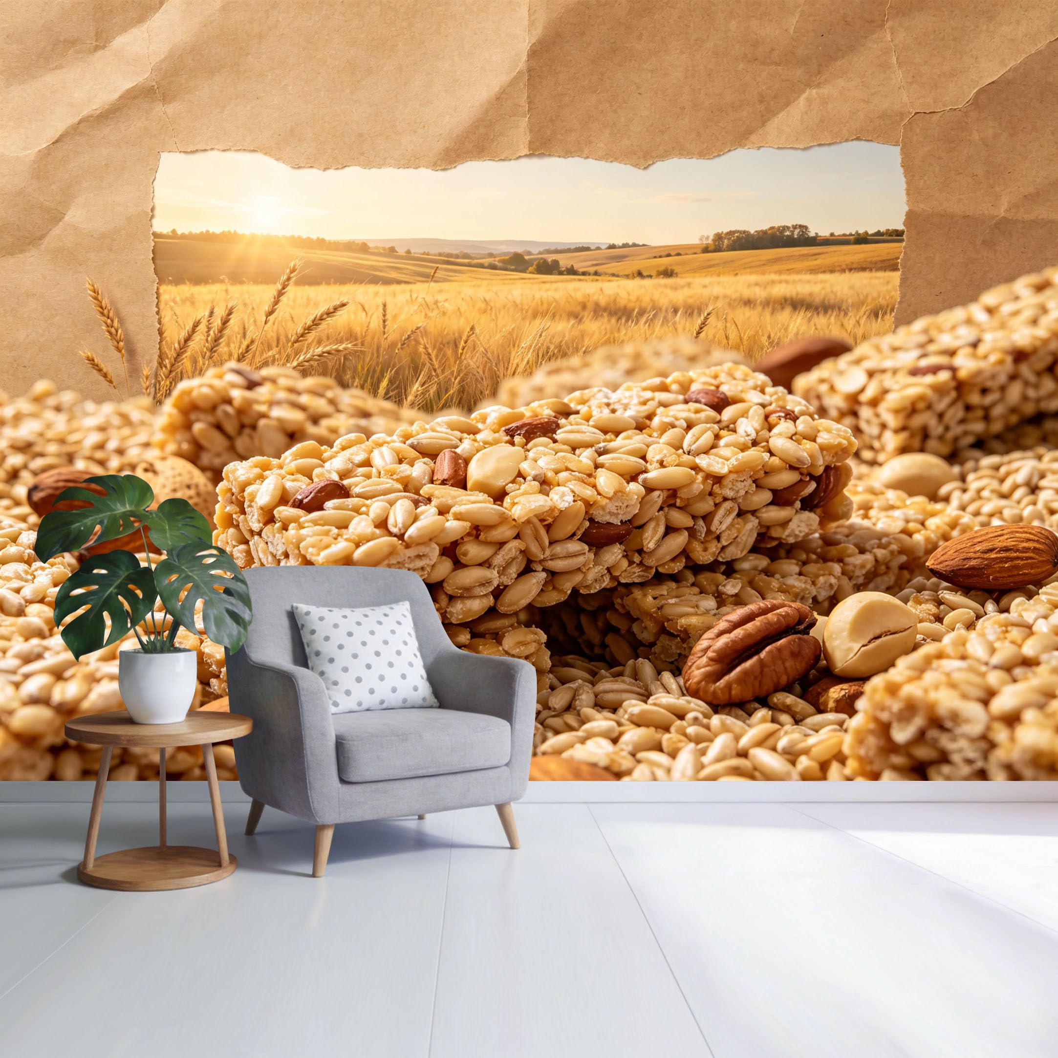 Custom Size Wall Mural Golden Wheat Field Landscape with Nuts and Grain Bars Natural Harvest Farmhouse Style SelfAdhesive Wall Fabric Removable Wallpaper for Home Office Decor