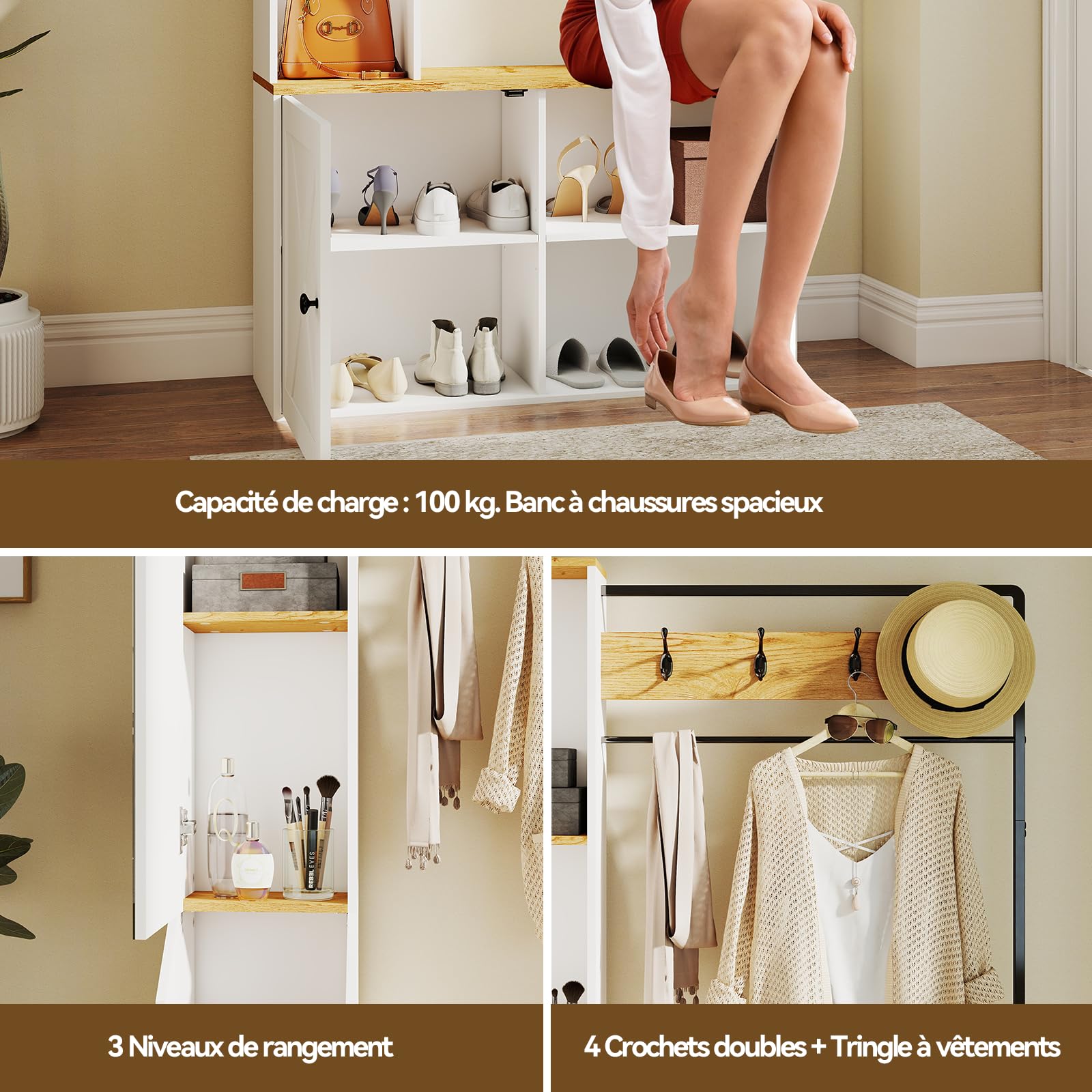 YU YUSING Vestiaire d'Entrée Multifonctionnel avec Miroir Banc et Placard, Meuble Porte-Manteau et Chaussures, 4 Crochets, Rangement Chaussures Réglable, Gain de Place, Couloir, Chambre, 90x30x170 cm