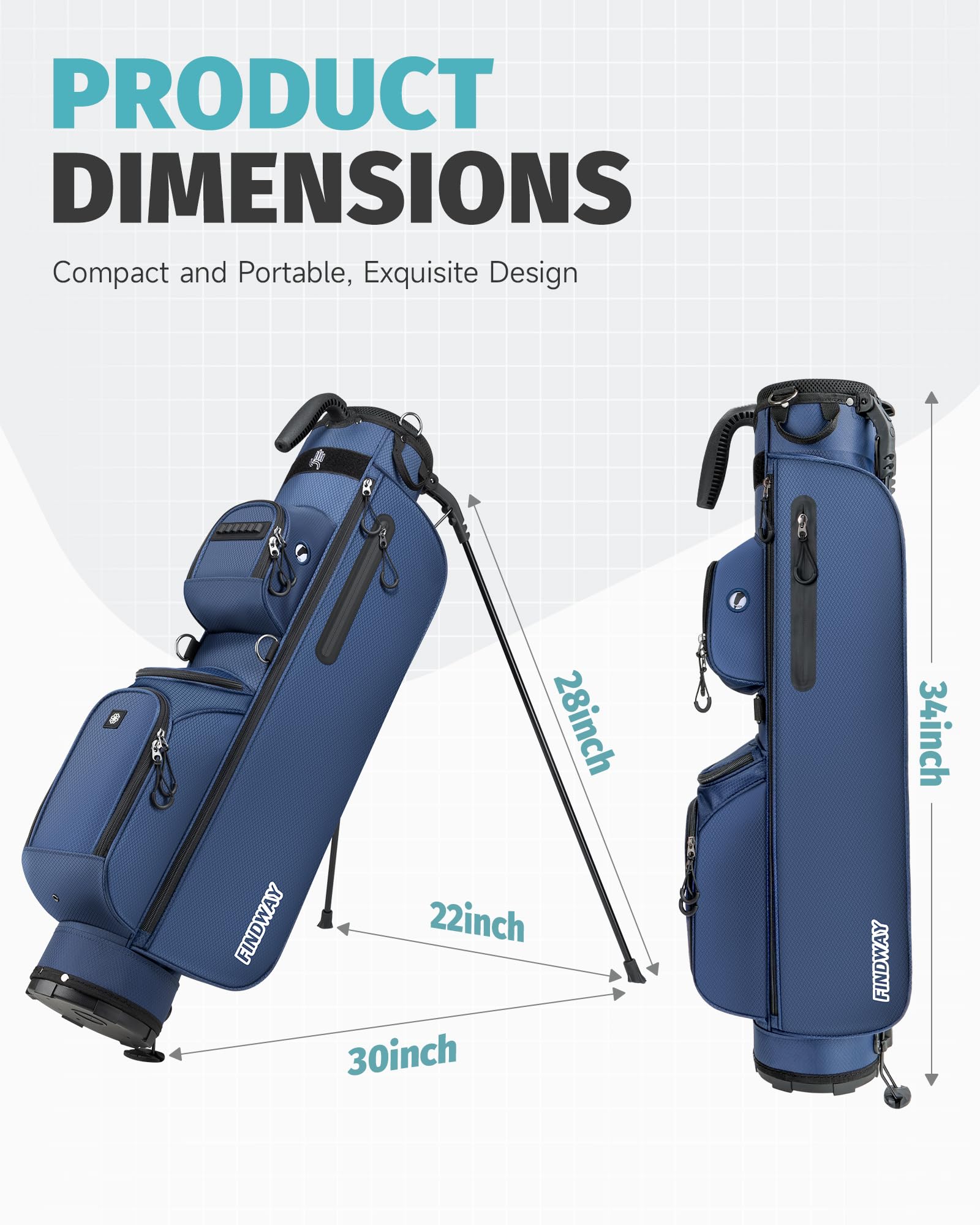 Findway Kleines Golfbag, Leichtes & Tragbares Golf Pencil Bag mit Standfuß, 3-Fach-Unterteilung, Verstellbarer Gepolsterter Trageriemen, 5 Taschen und Tragegriff, für Herren und Damen