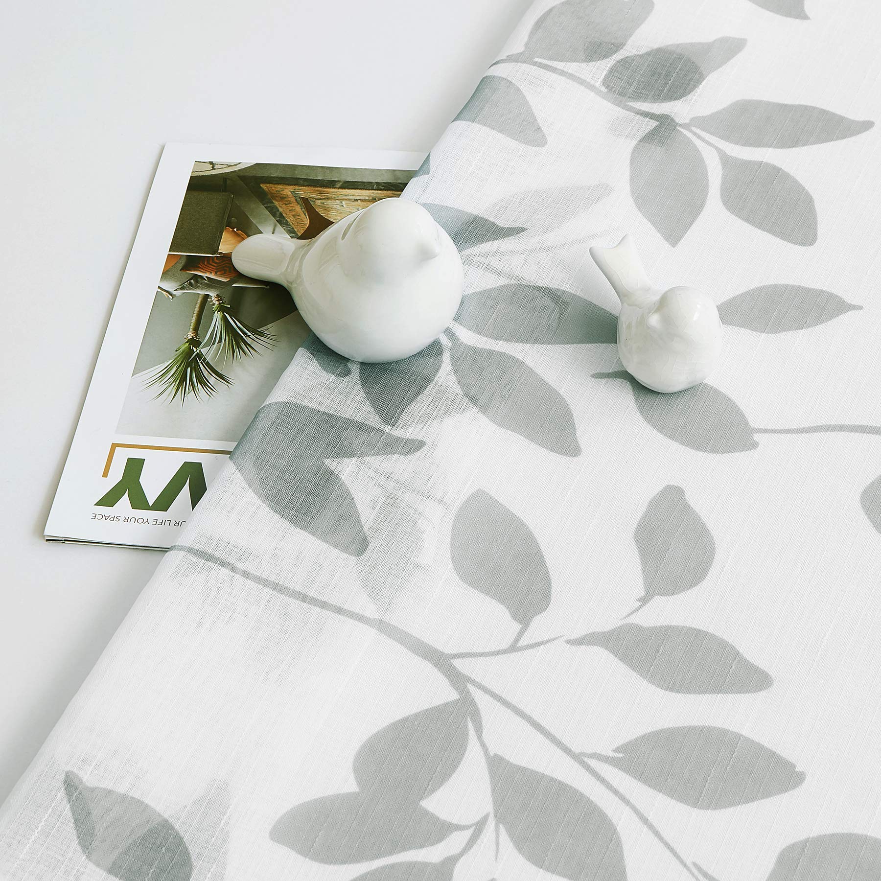 Rideaux transparents blanc-gris à motifs de feuilles pour salon/chambre à coucher - Motif botanique avec filtrage de la lumière - Texture lin rustique avec œillets - 228,6 cm de long x 127 cm de large