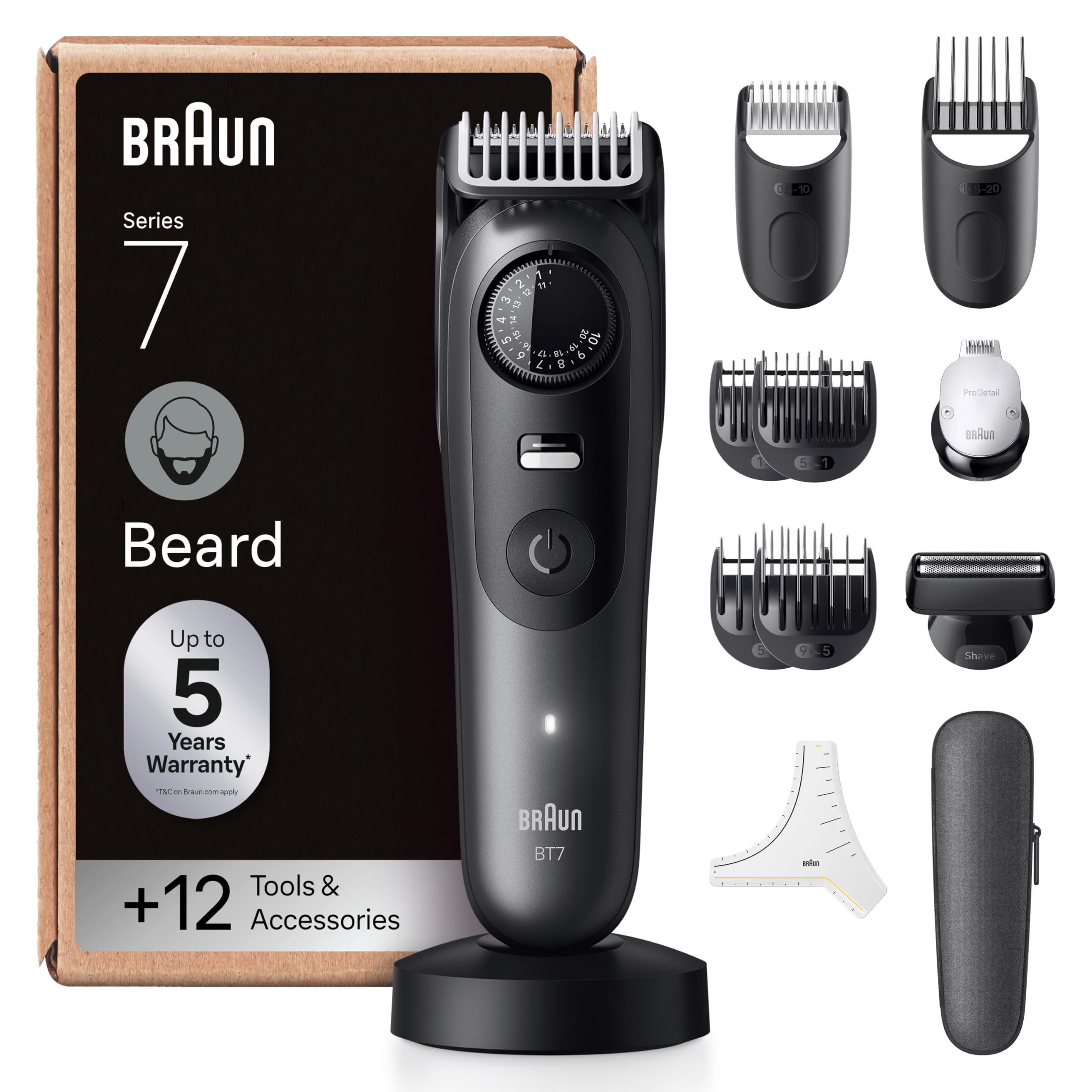 Braun Series 7 Men's Beard Trimmer, +12 Barber Tools, ProBlade Blade Sharpened for Life, Up to 120 Minutes Runtime, Precision Selector with 40 Lugs and Lock, BT7545, Grey