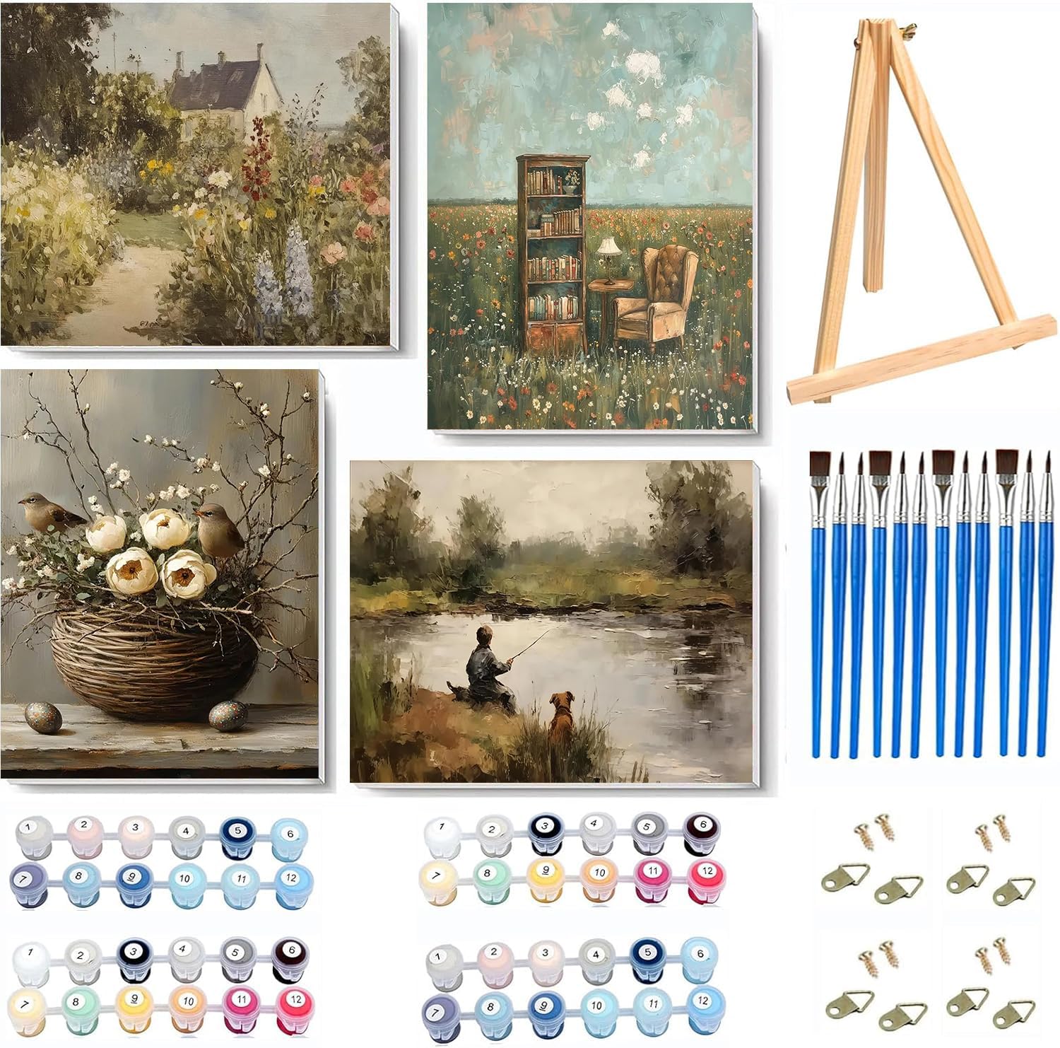 Jakener 4 Pack Retro Paint by Numbers Kit for Adults Beginner with Framed,Flowers Easy Adult Paint by Number Kits on Canvas DIY Painting for Beginners Art by Numbers for Home Wall Decor 10x12 Inch