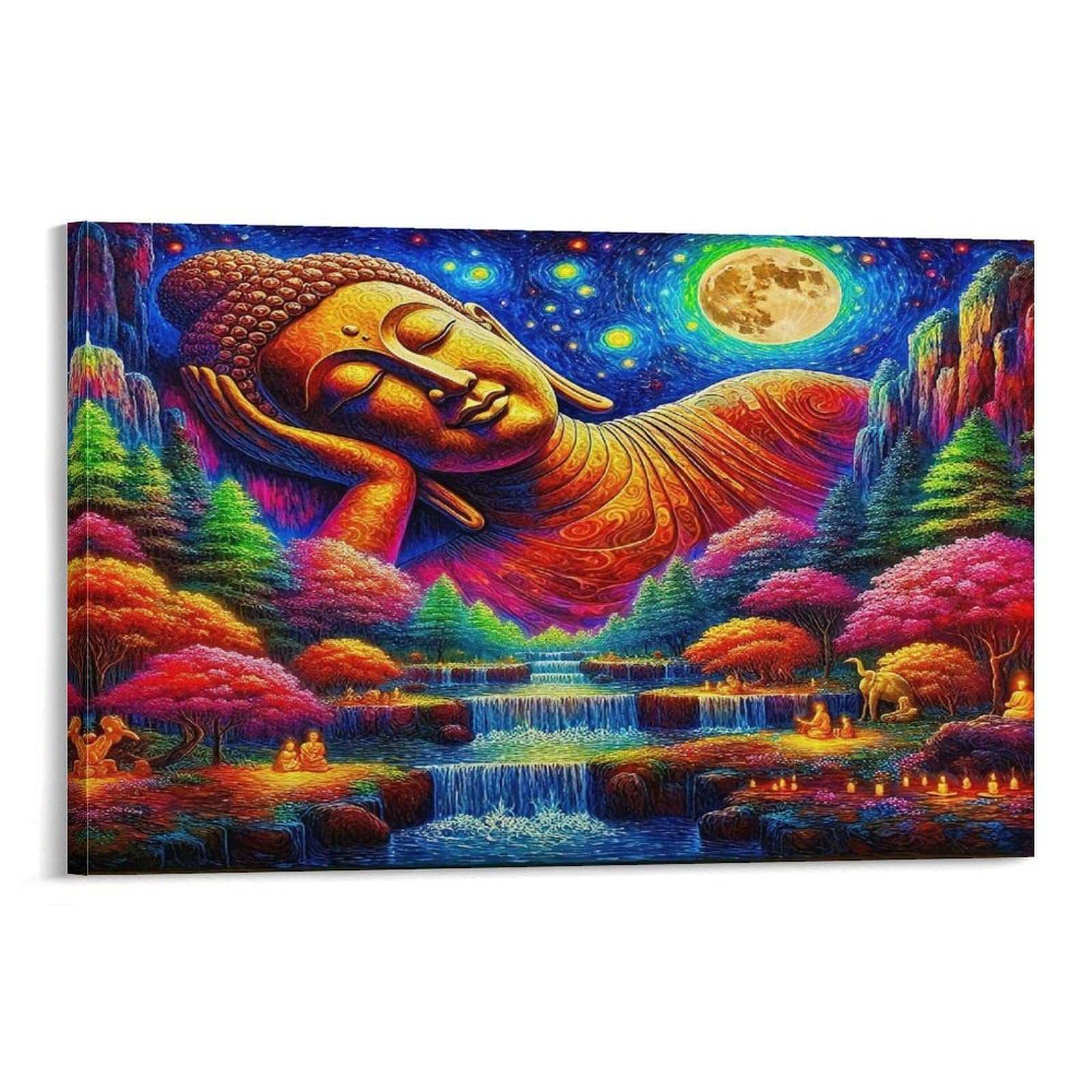 CPLVKWRQJ Sleeping Buddha Under Starry Moon Individual Reclining Buddha Moon Colorful Forest Waterfall Canvas Print - Bedroom Canvas Painting Easy to Clean Statement Piece Decor 08x12inch(20x30cm)