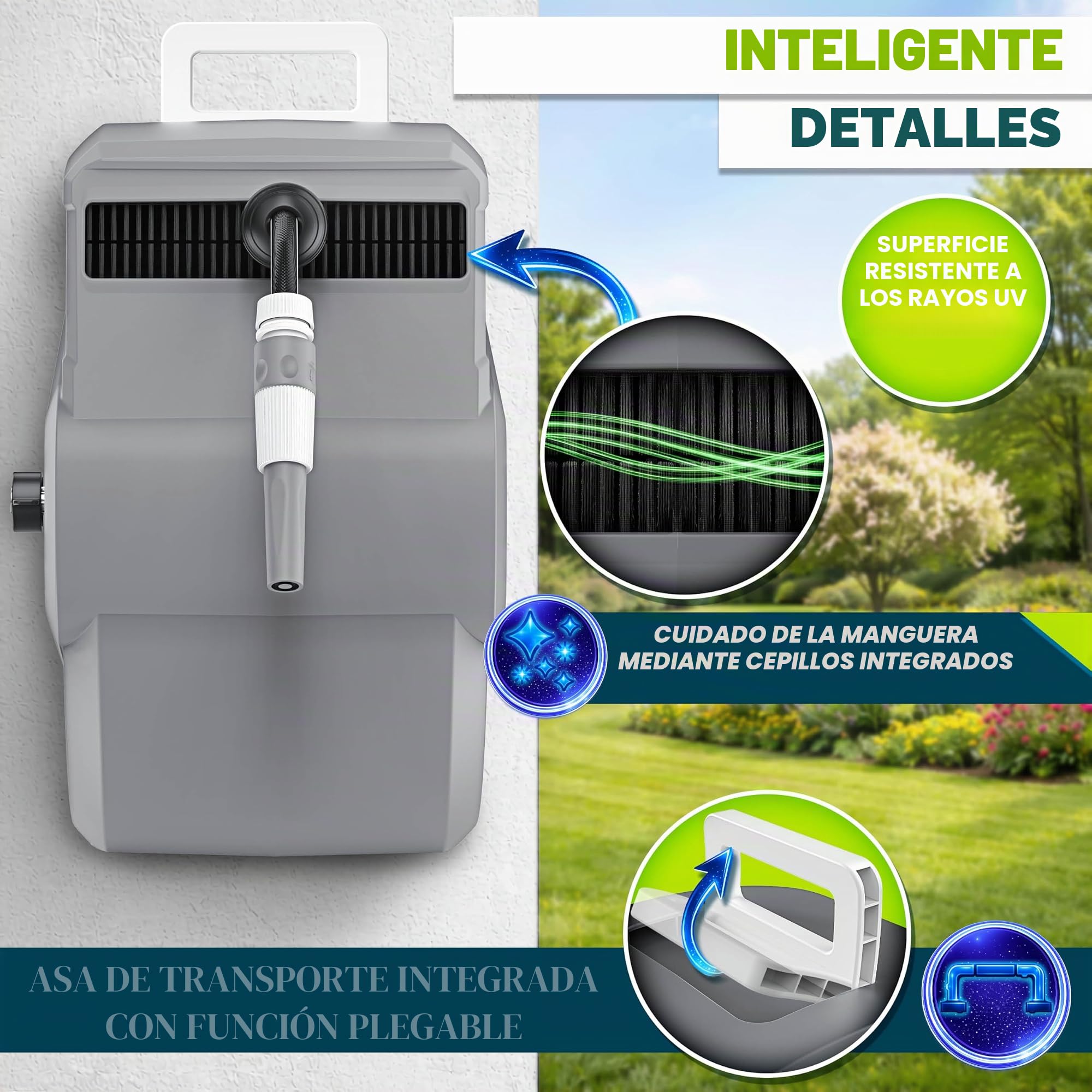 tillvex Carrete para Manguera de agua 20+2m con soporte de pared | Enrollador de manguera con pistola manual y manguera de jardín | Caja de manguera para pared con enrollado automático