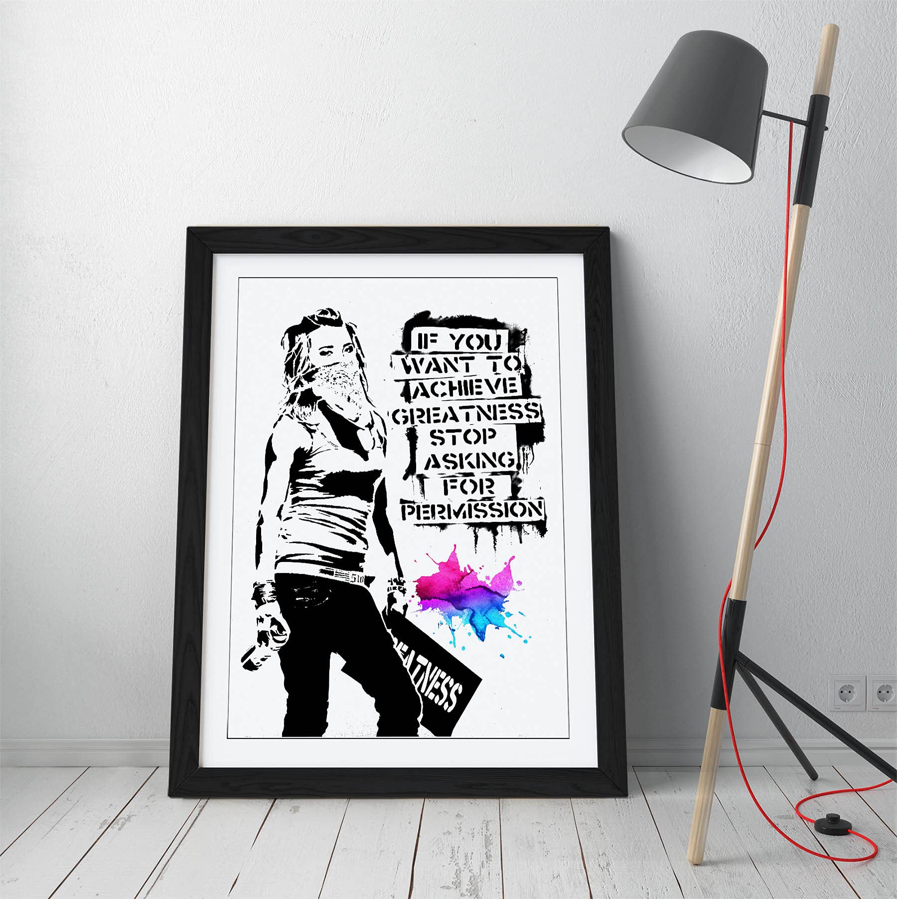 Canvasartshop Black - Banksy Achieve Greatness- Premium Wall Art Framed Picture Prints - 3 Colours - 4 Sizes (, A1)
