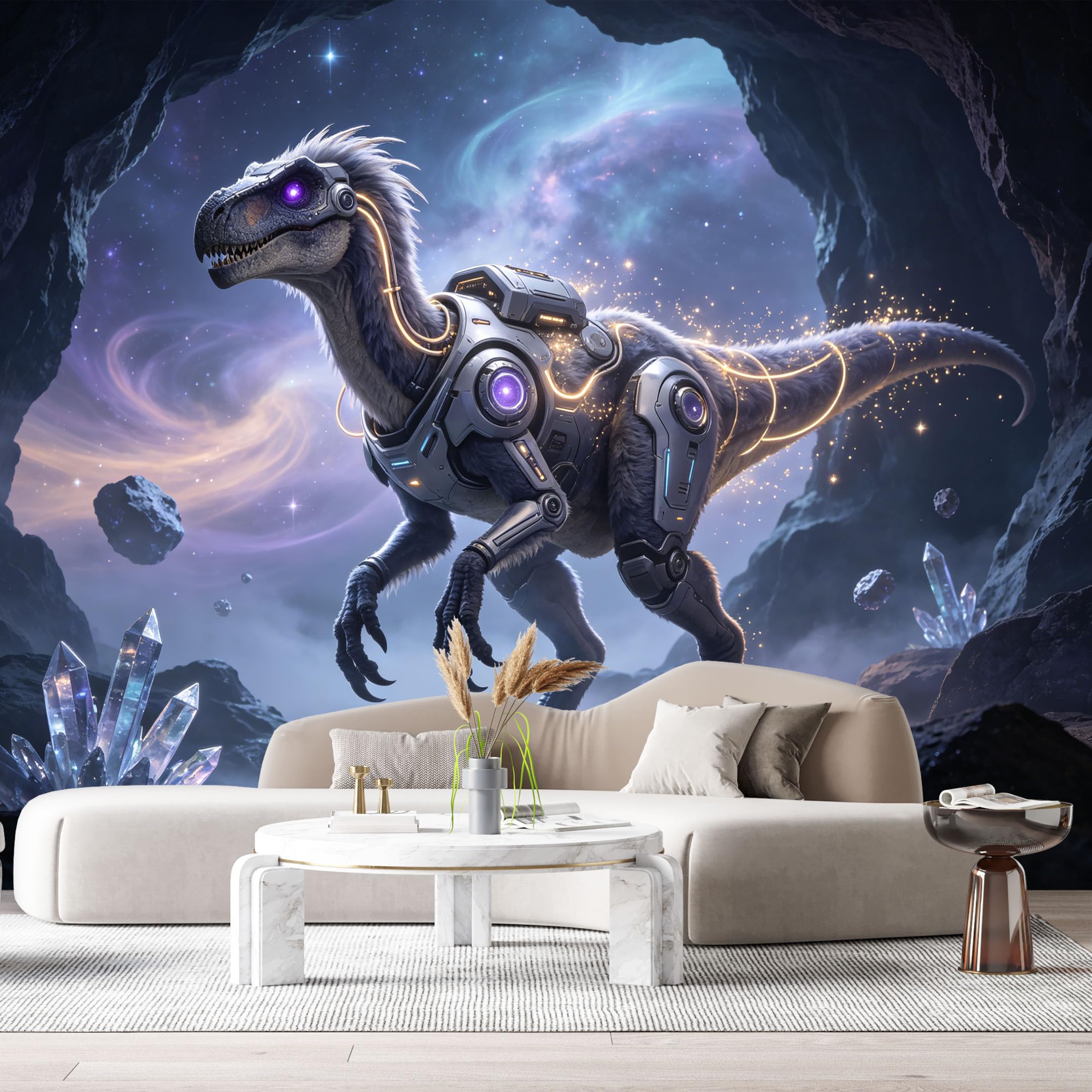 Custom Size Wall Mural Cyber Dino Mech Futuristic Mechanical Armor SciFi Robot Neon Metal Texture SelfAdhesive Art Prints Removable Large Wallpaper Esports Room Game Room Tenant Room Studio
