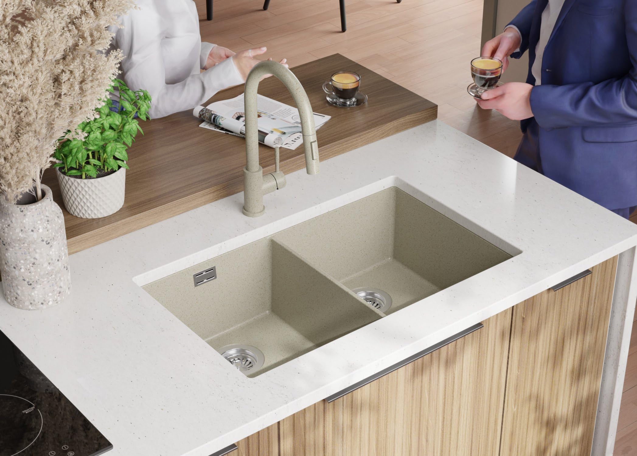 PRIMAGRAN Fregadero bajo Encimera Todo Beige 76x47cm, Cocina 2 Senos + Sifón, Granito al Mueble 80cm - London Twin S010