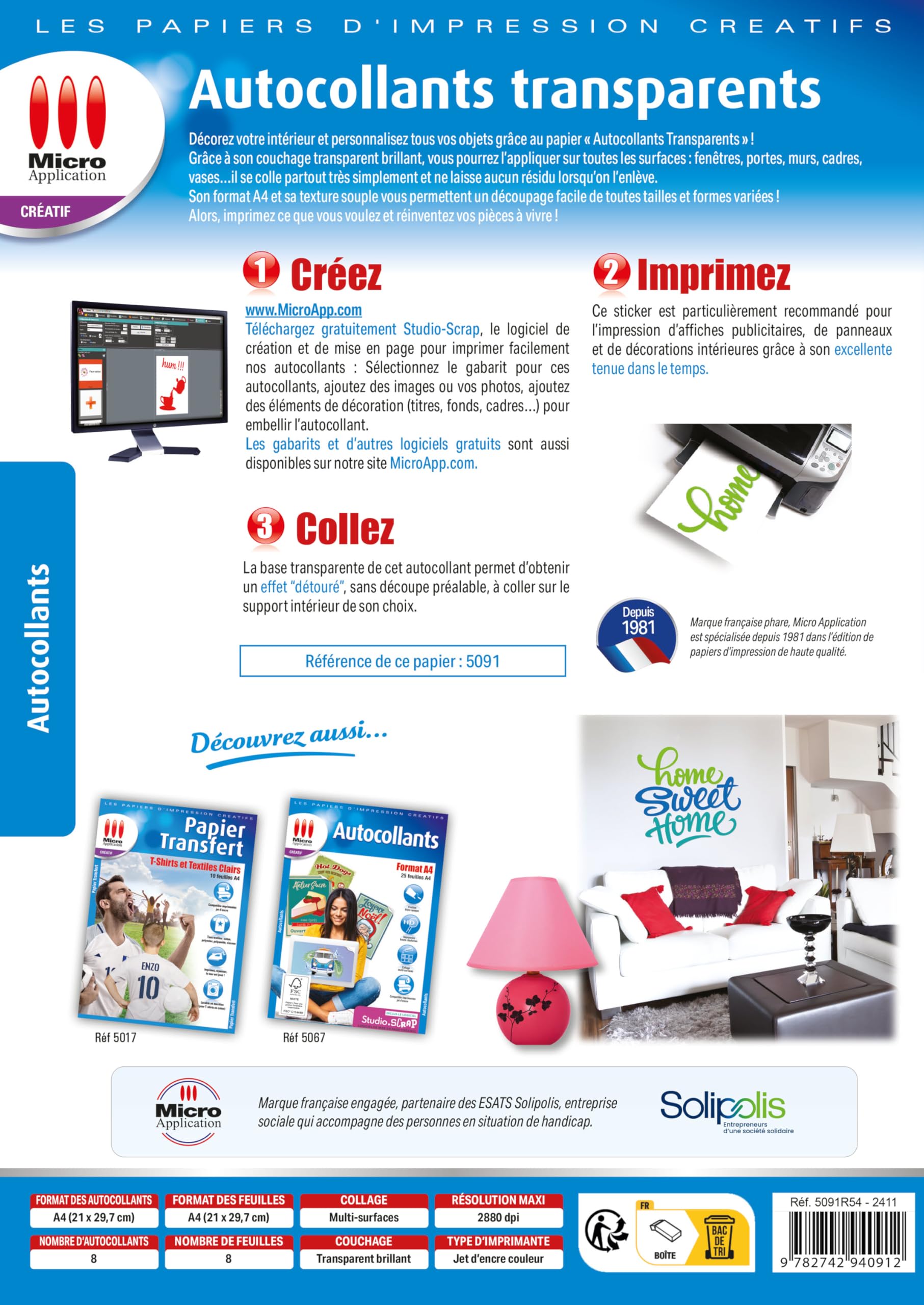 Micro Application Papier Autocollant Transparent A4 8 Feuilles Étiquettes Adhésif