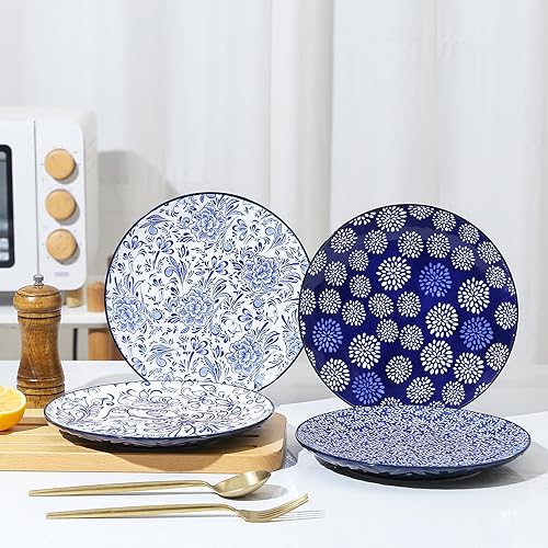 Miniatura 2 de KitchenTour - Platos llanos de cerámica, platos de ensalada en relieve de 8.5 pulgadas, juego de 4, platos para servir postres, pasta, filetes,