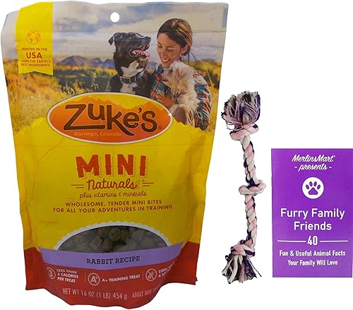 Zuke's Mini Naturals - Golosinas masticables suaves para adiestramiento de perros, conejo (16 onzas), juguete de cuerda y folleto de datos