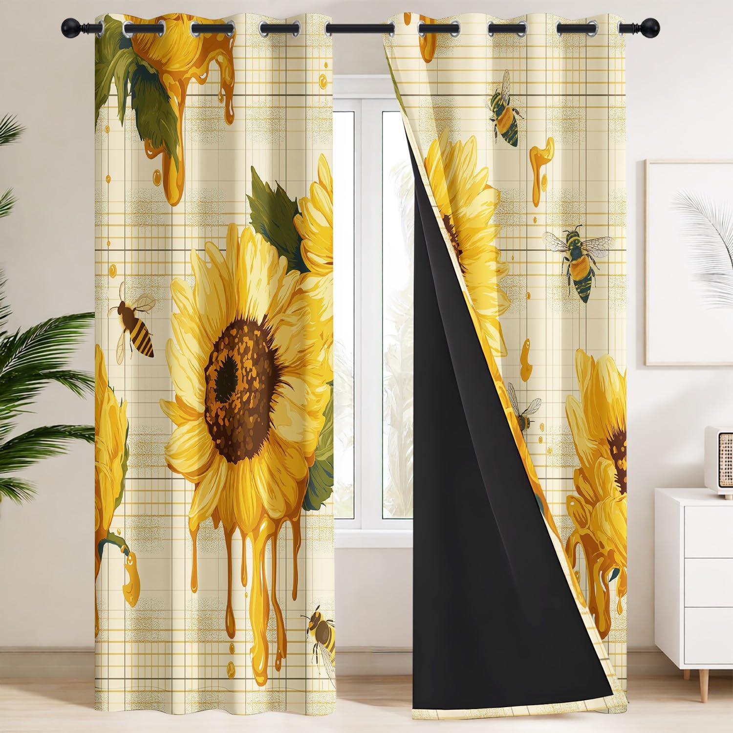 Generisch Zasłony nieprzejrzyste, zestaw 2 sztuk, 120 x 190 cm, niegniotące się, słoneczniki, Gingham z pszczołami, zasłony w realistycznym, słodkim, ciepłym, żywym stylu, do słonecznej sypialni