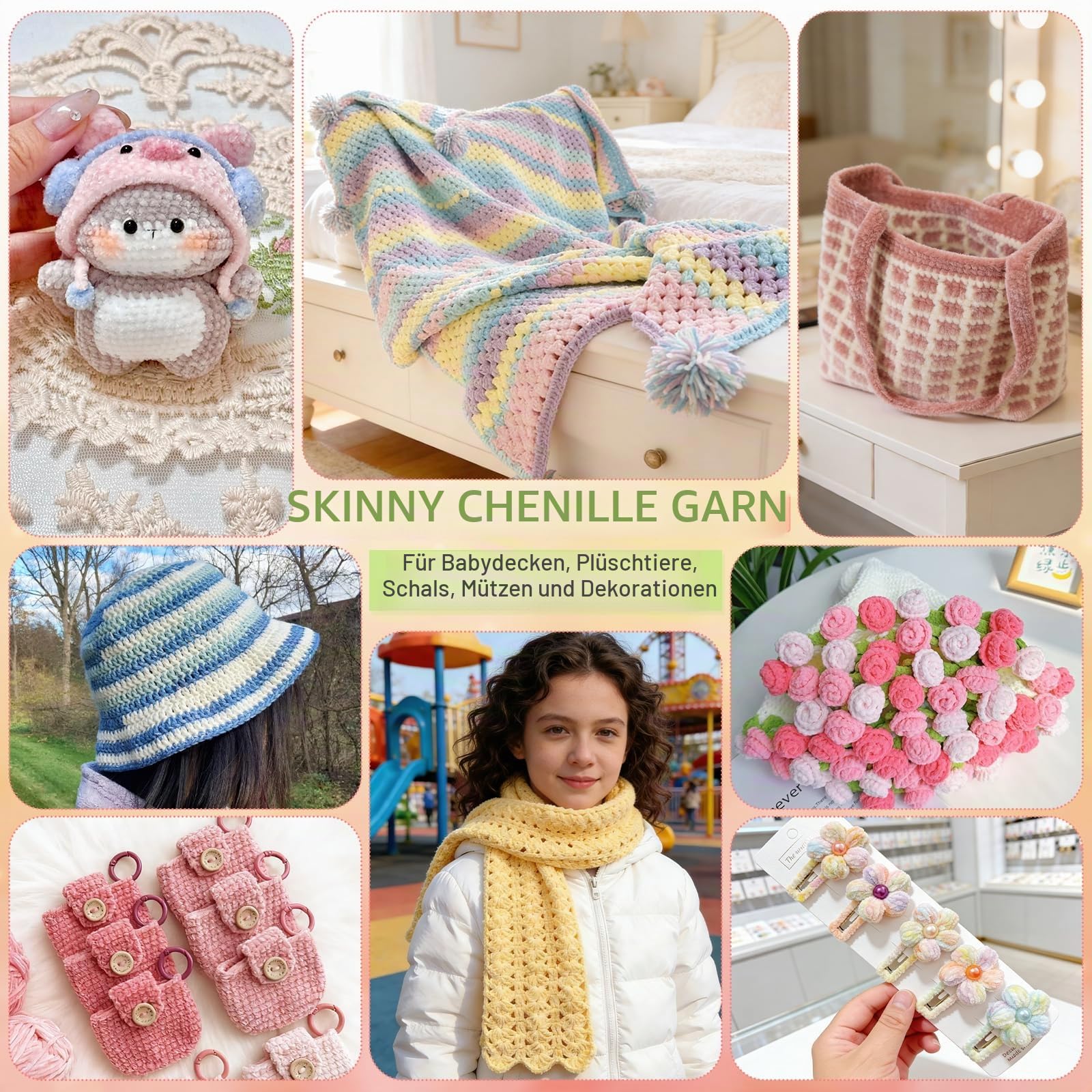 Aeelike Feines Chenille Garn zum Häkeln, 12×50g Chenille Yarn Set, Mützen