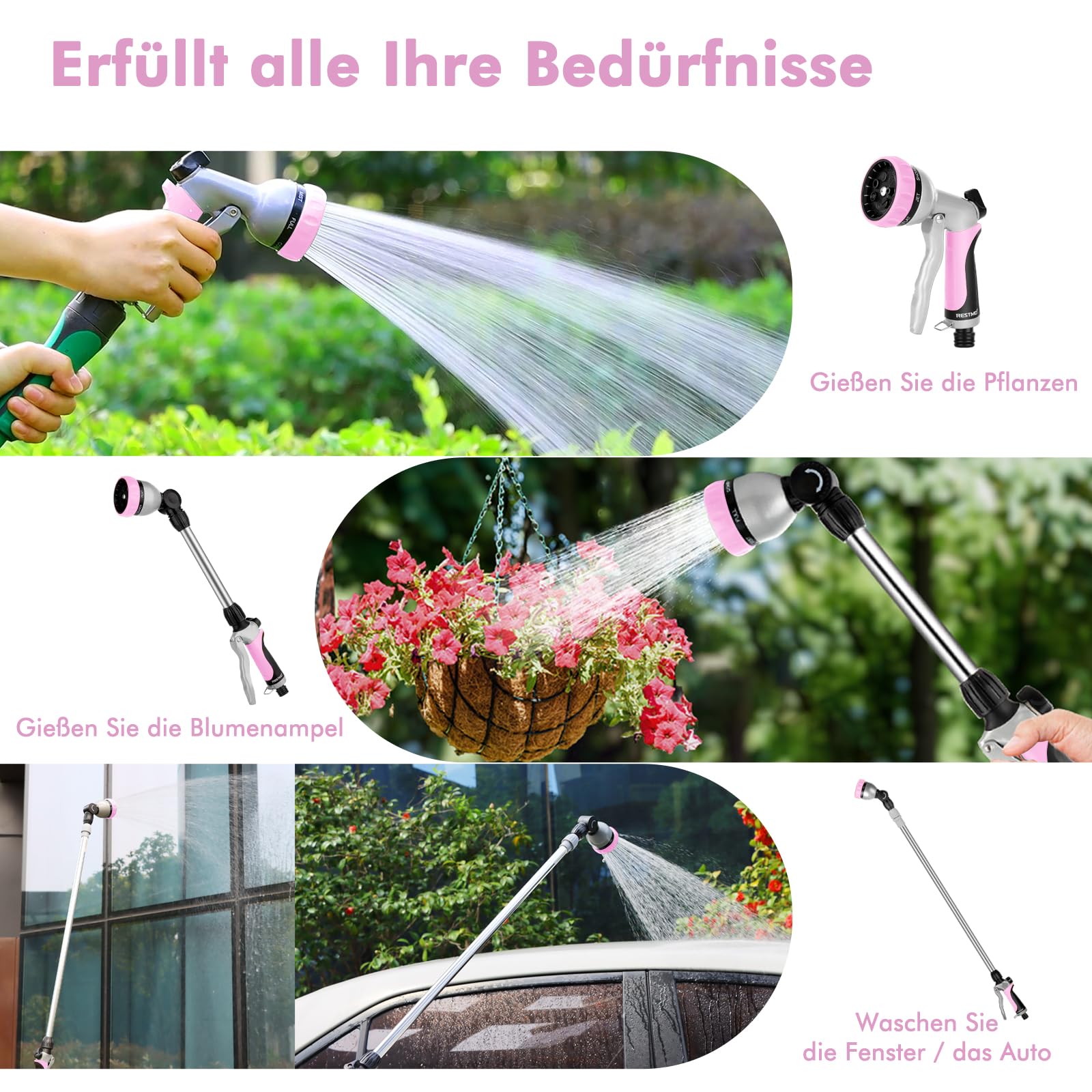 RESTMO Varita de riego de metal de 91-152 cm, tubo telescópico largo | Cabezal de trinquete ajustable de 180° | 7 patrones de pulverización | Control de flujo, pulverizador de manguera de jardín a
