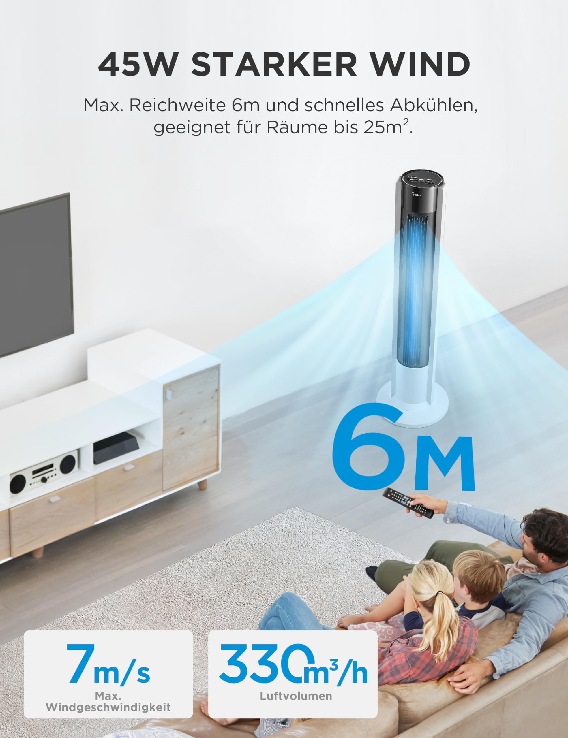 Midea MTF25FRG 40 inch stille torenventilator voor huis en slaapkamer, krachtige koeling 9 m/s, afstandsbediening Omni, 90 ° oscillatie, afneembaar en wasbaar ontwerp, 4 snelheden, wit