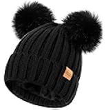 Women's Winter Warm Knit Beanie with Faux Fur Pom Skull Cap Cozy Fleece Lined Hat for Women