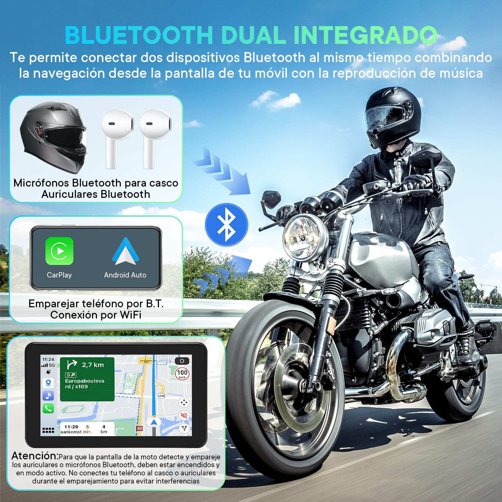 Pantalla Carplay Moto 5'' Impermeable IPX8, Navegador GPS con Carplay y Android Auto, Bluetooth 5.0, Cámara Frontal y Trasera 1080P para Moto