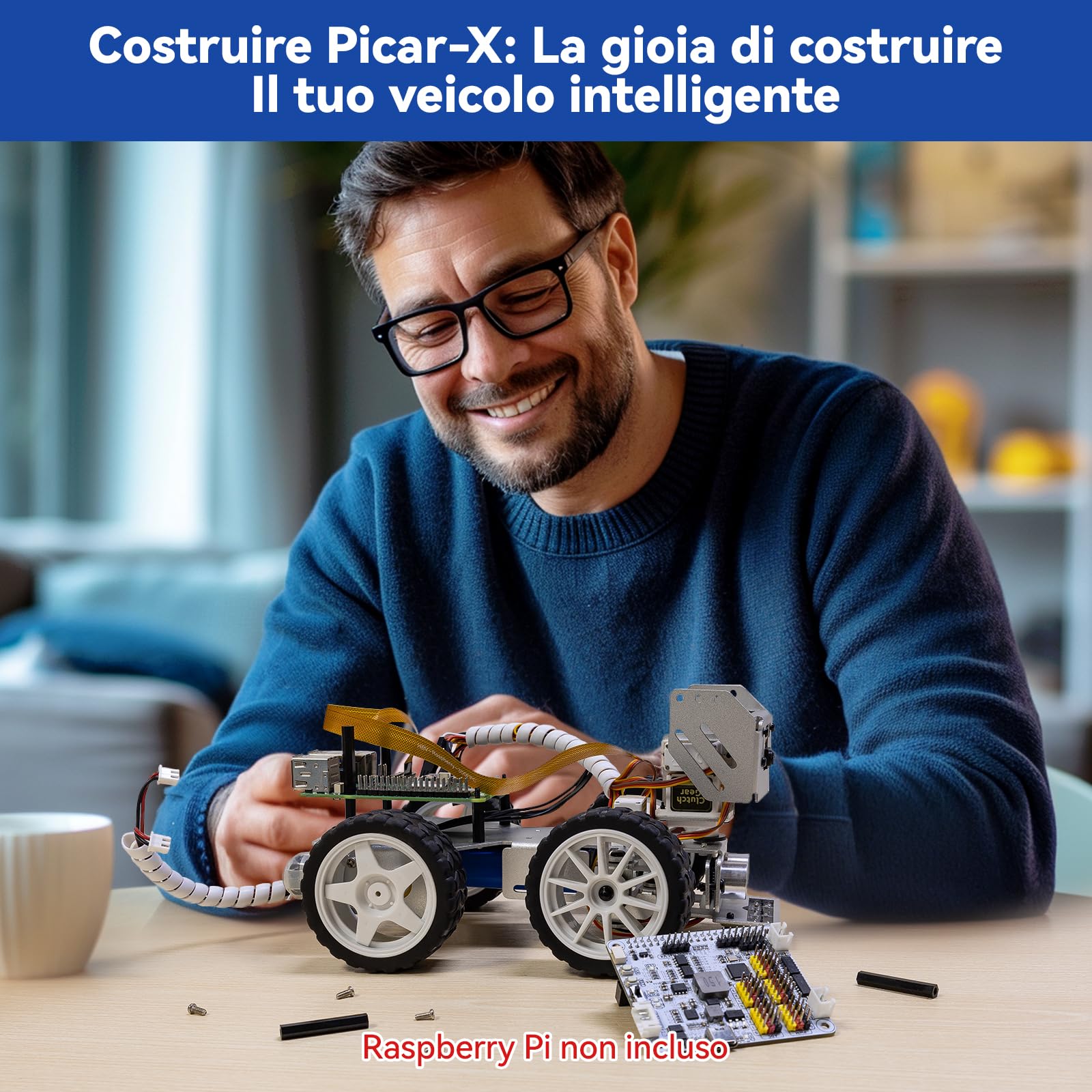 SunFounder PiCar-X Kit auto robot IA per Raspberry Pi 5/4/3B+/Zero 2W, Openclaw LLM ChatGPT/Gemini/Grok, riconoscimento vocale e video, Python, Scratch, fotocamera (Raspberry Pi non incluso)