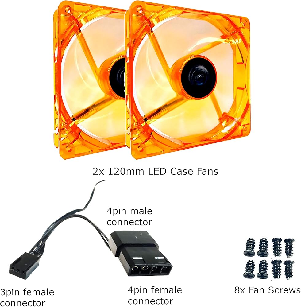 Apevia AF212L-OG 120mm 4pin Molex + 3pin Motherboard Silent Orange LED Case Fan (2-pk) thumbnail 5