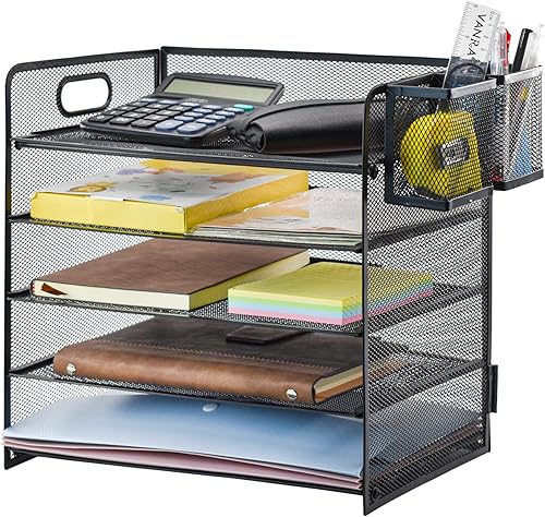 VANRA Organizador de papel para 5 bandejas, bandeja de cartas de malla metálica, estante de escritorio negro con asa y 2 soportes para lápices para