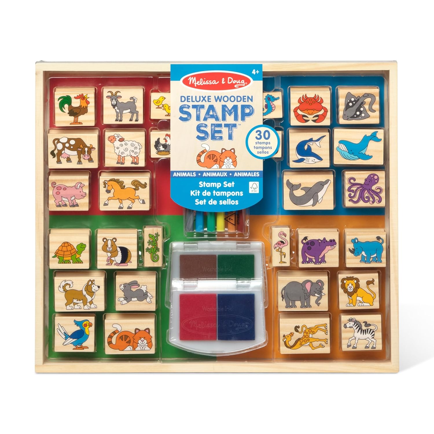 Melissa Doug Deluxe Wooden Stamp Set Animals - 30 Stamps 6 Markers 2 Stamp Pads