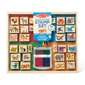 Melissa Doug Deluxe Wooden Stamp Set Animals - 30 Stamps 6 Markers 2 Stamp Pads