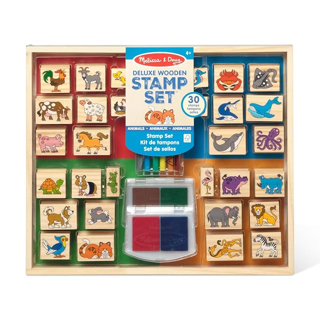Melissa Doug Deluxe Wooden Stamp Set Animals - 30 Stamps 6 Markers 2 Stamp Pads