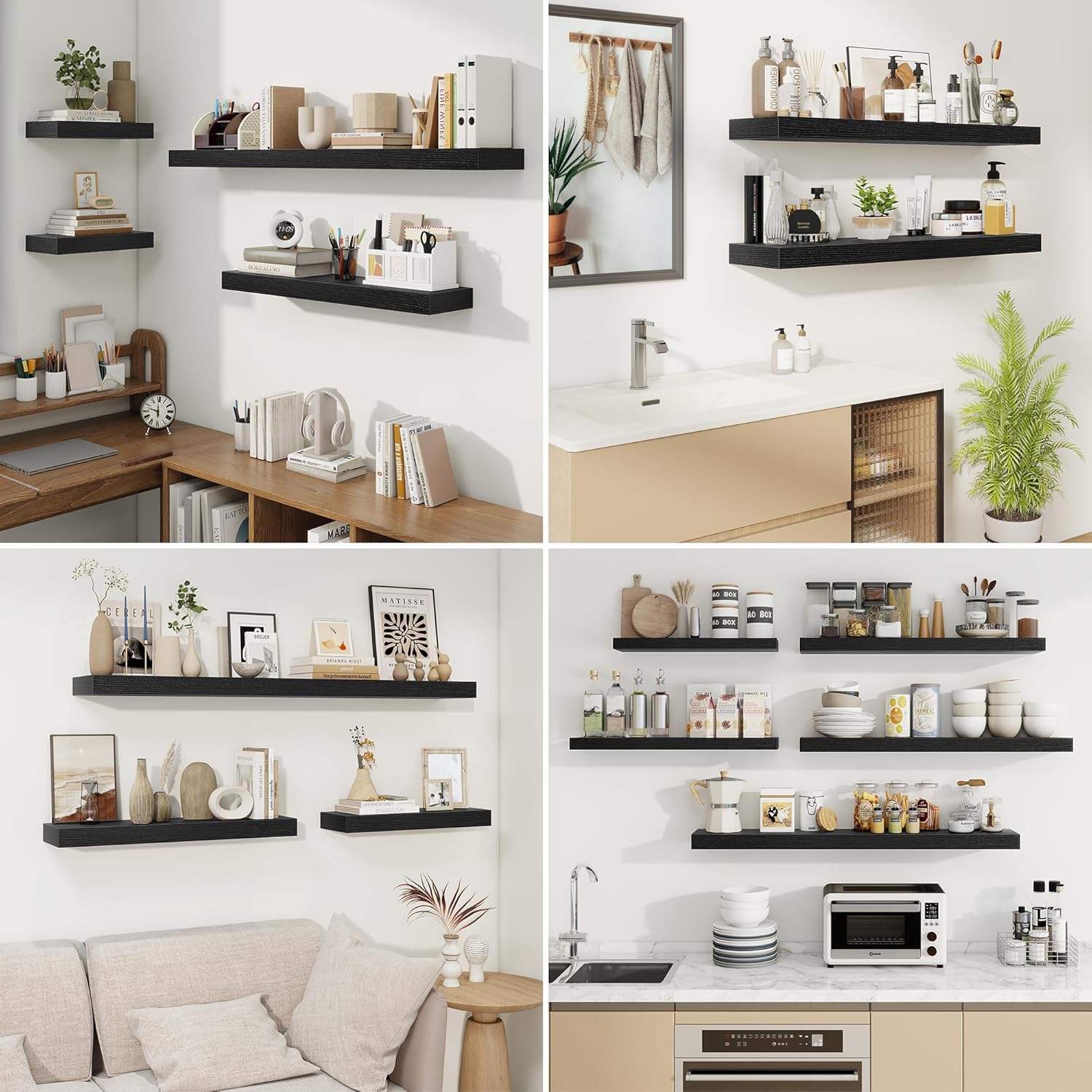 fuqing Floating Shelves for Wall, Wall Mounted Wood Floating Shelf with Invisible Brackets for Living Room, Bathroom, Bedroom, Kitchen Storage and Decor, 16 Inch Set of 2, Black