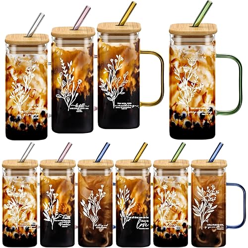 10 Pcs Christian Glass Tumbler Bulk 13.5oz Mother’s Day Tumbler Gifts Bible Verse Drinking Cup with Handle Lid Straw Inspirational Religious Appreciation Cup for Church Women Office Coworker